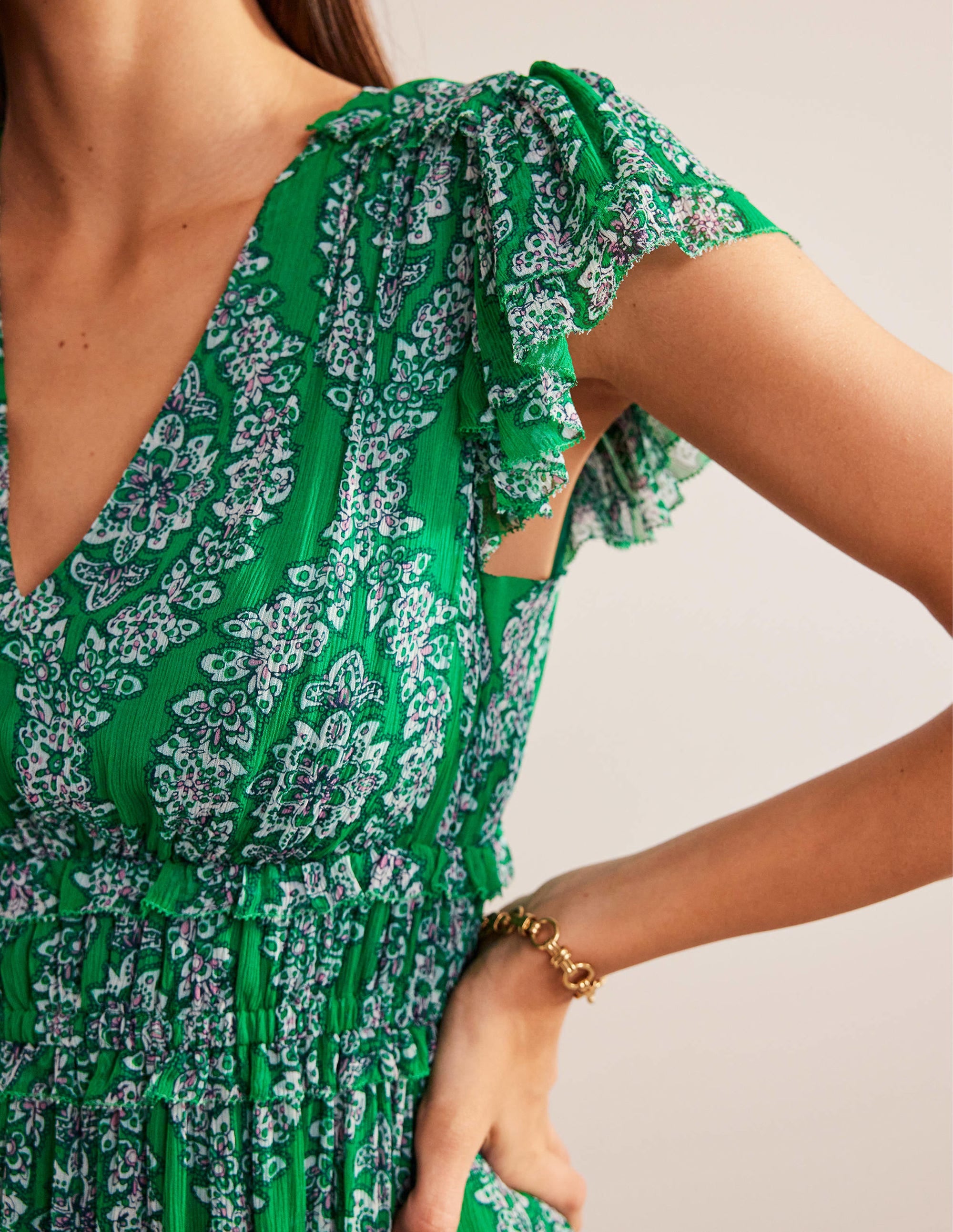 Robe midi avec taille froncée-Émeraude profond, motif Botanic Wreath - Image 2