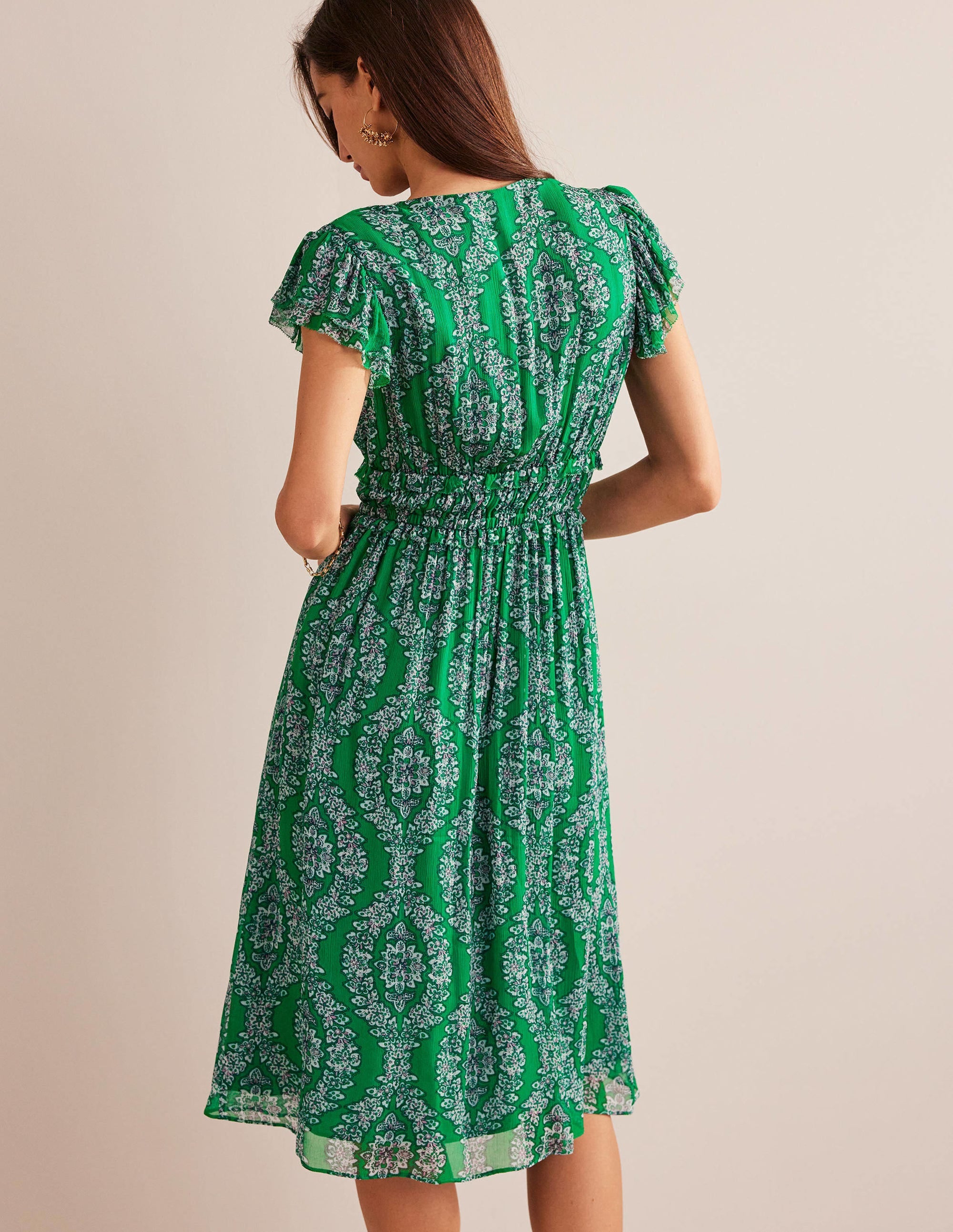 Robe midi avec taille froncée-Émeraude profond, motif Botanic Wreath - Image 3