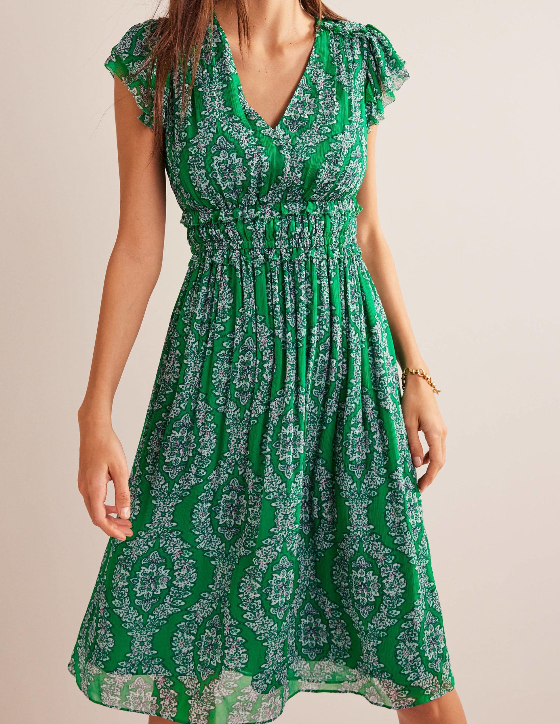 Robe midi avec taille froncée-Émeraude profond, motif Botanic Wreath-4