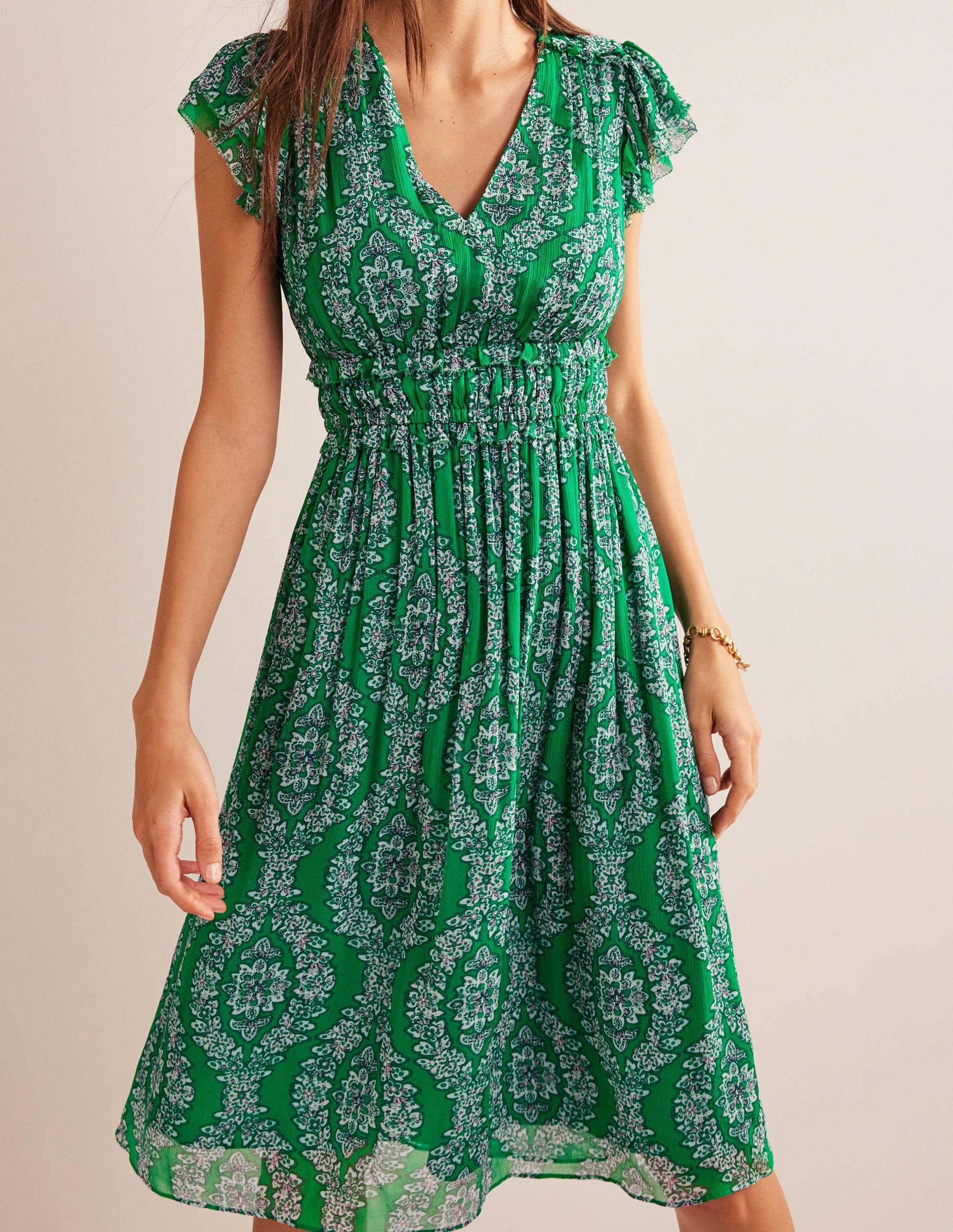 Robe midi avec taille froncée-Émeraude profond, motif Botanic Wreath - Image 4
