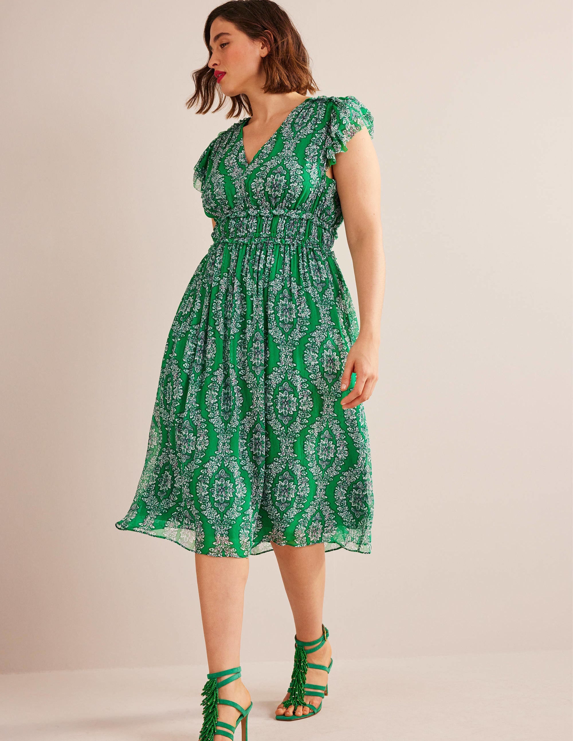 Robe midi avec taille froncée-Émeraude profond, motif Botanic Wreath - Image 5