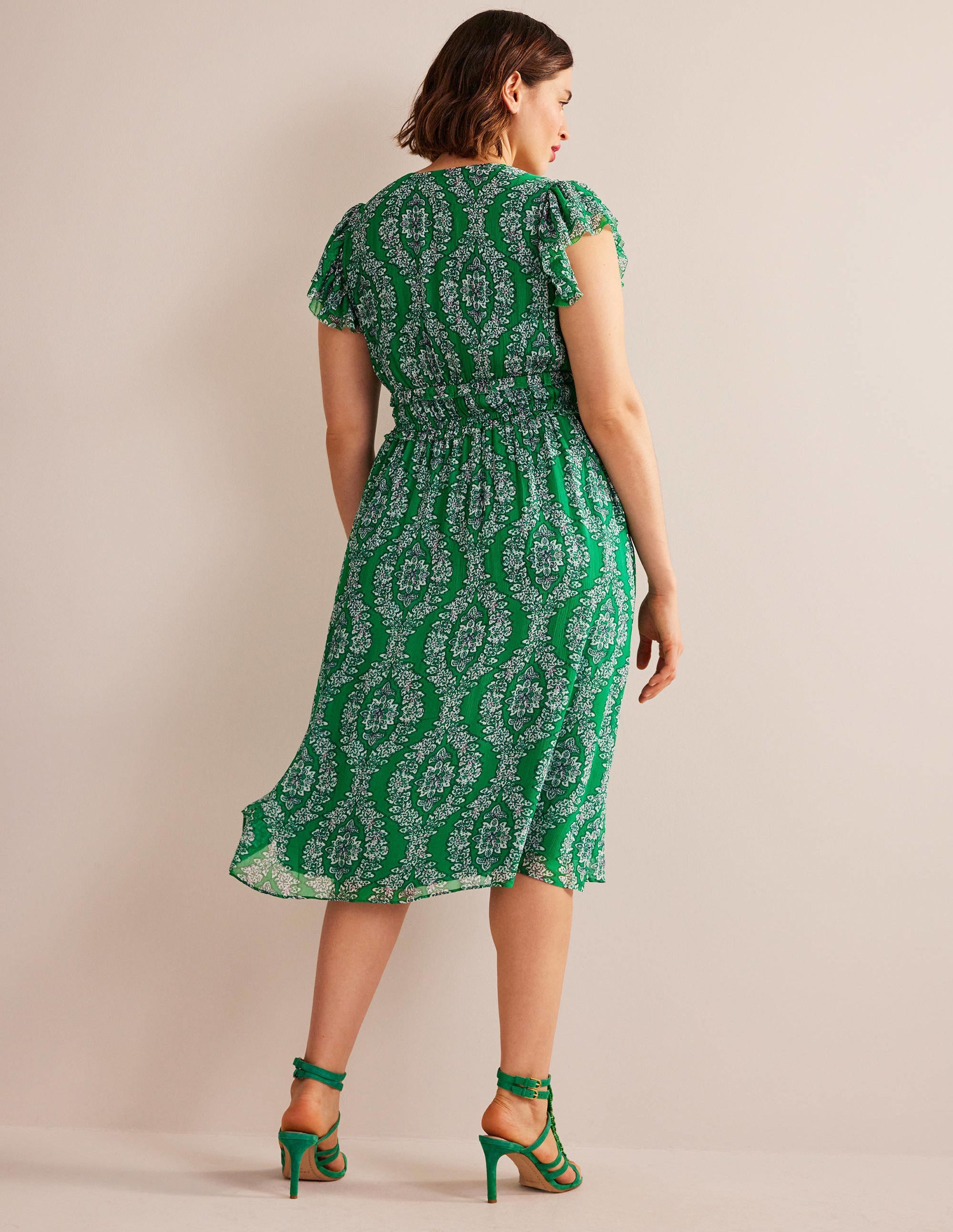 Robe midi avec taille froncée-Émeraude profond, motif Botanic Wreath - Image 6
