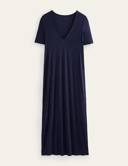 Geripptes Midi-T-Shirt-Kleid aus Jersey-Marineblau