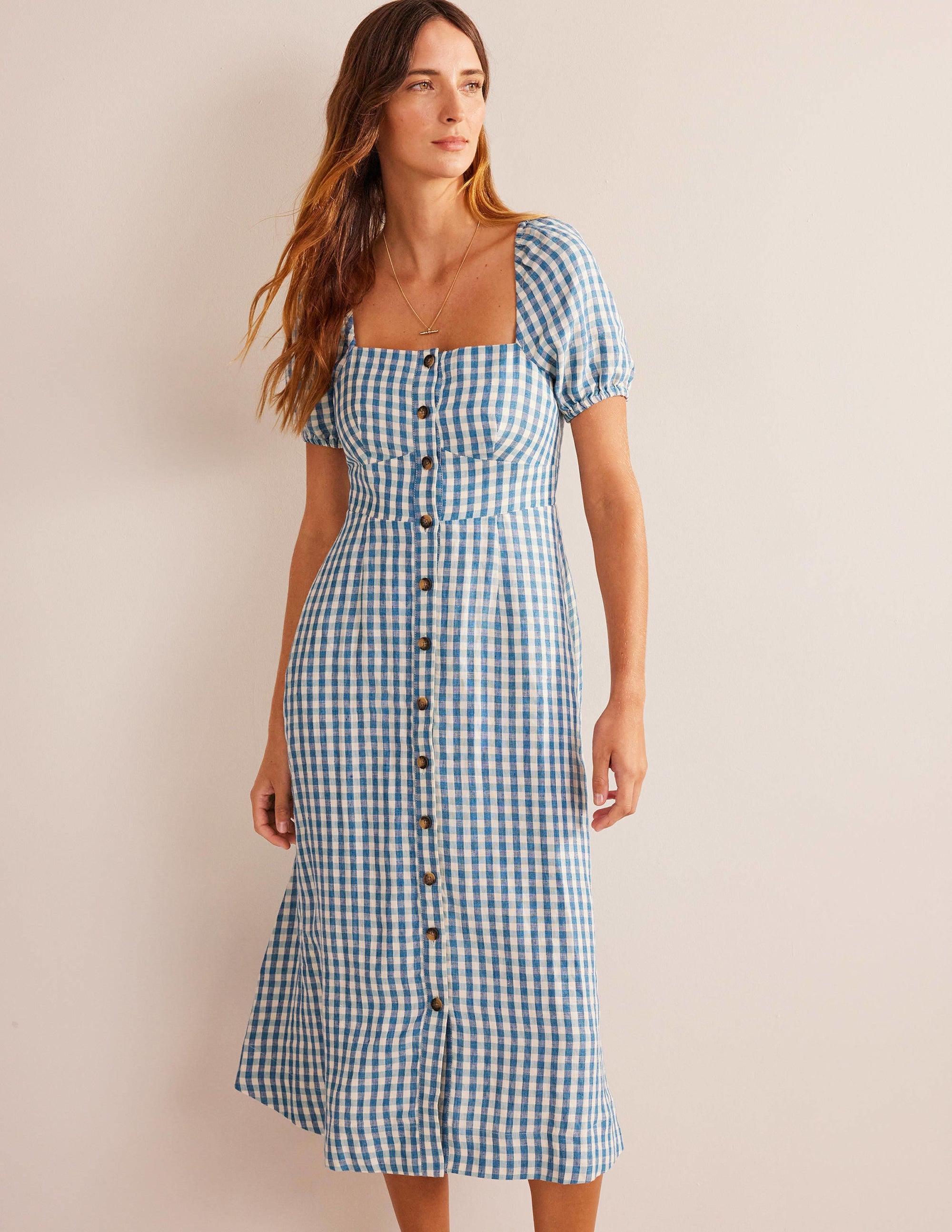 Robe midi en lin à col carré-Bleu pied-d’alouette, carreaux Vichy - Image 1