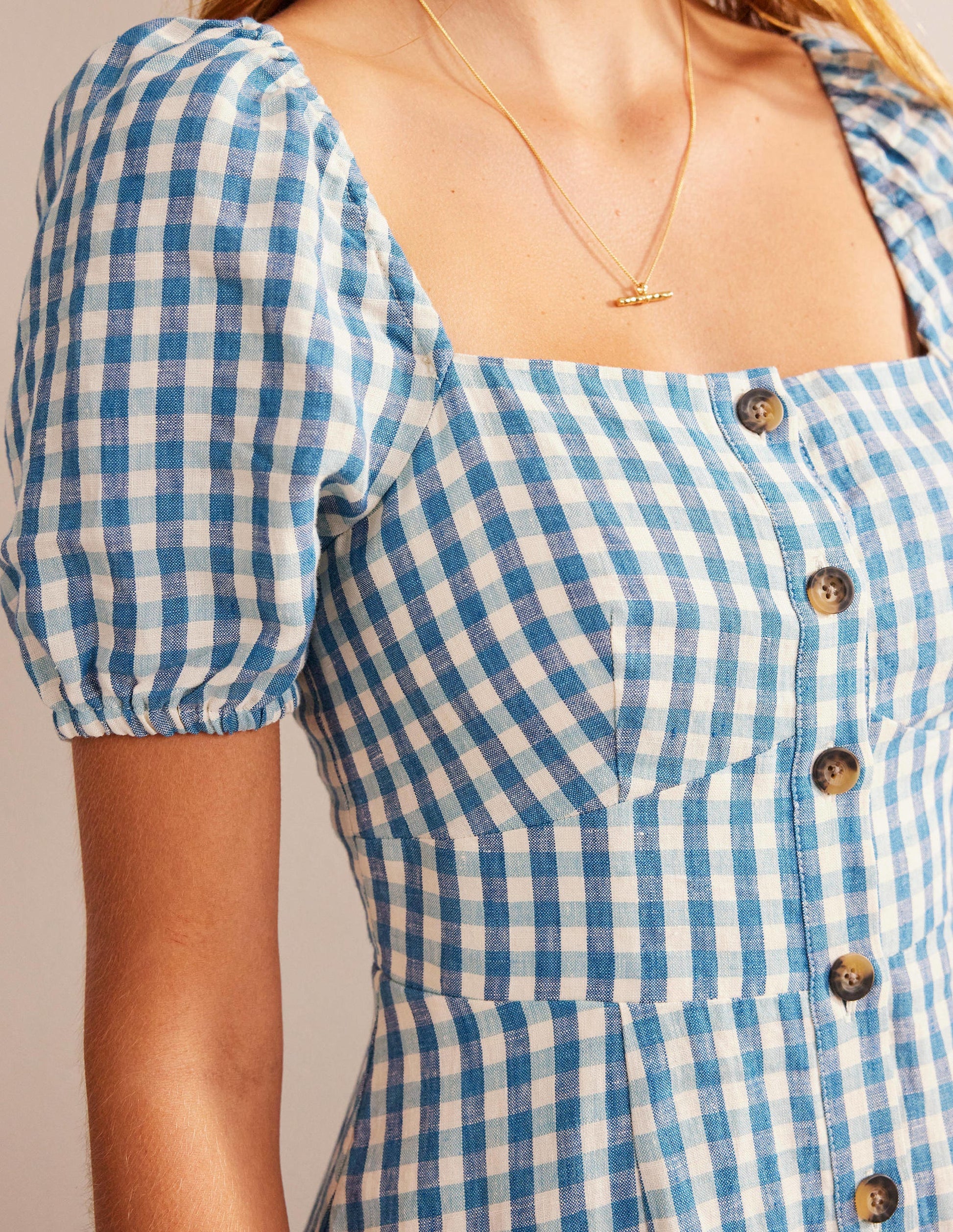 Robe midi en lin à col carré-Bleu pied-d’alouette, carreaux Vichy-2