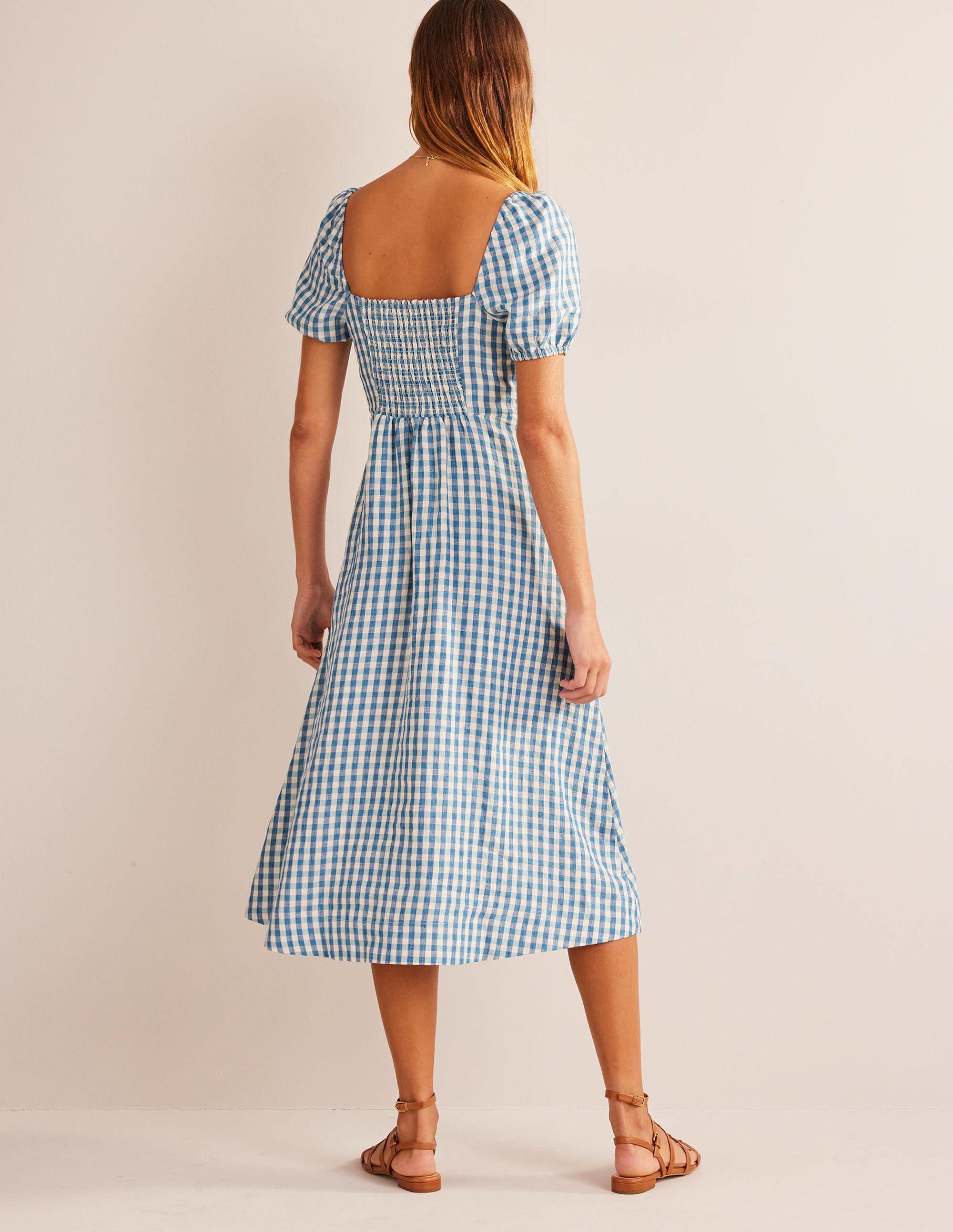 Robe midi en lin à col carré-Bleu pied-d’alouette, carreaux Vichy - Image 3