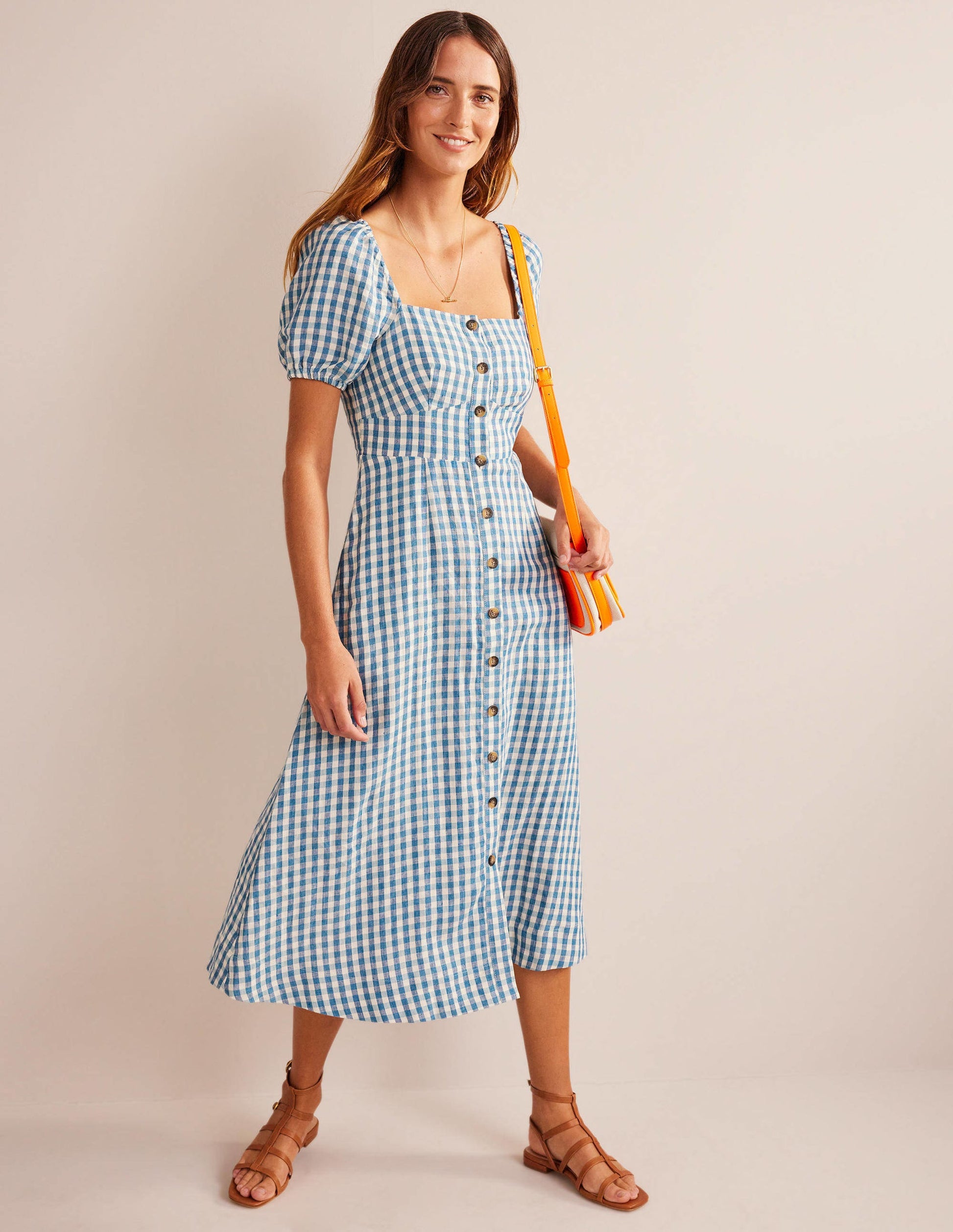 Robe midi en lin à col carré-Bleu pied-d’alouette, carreaux Vichy-4