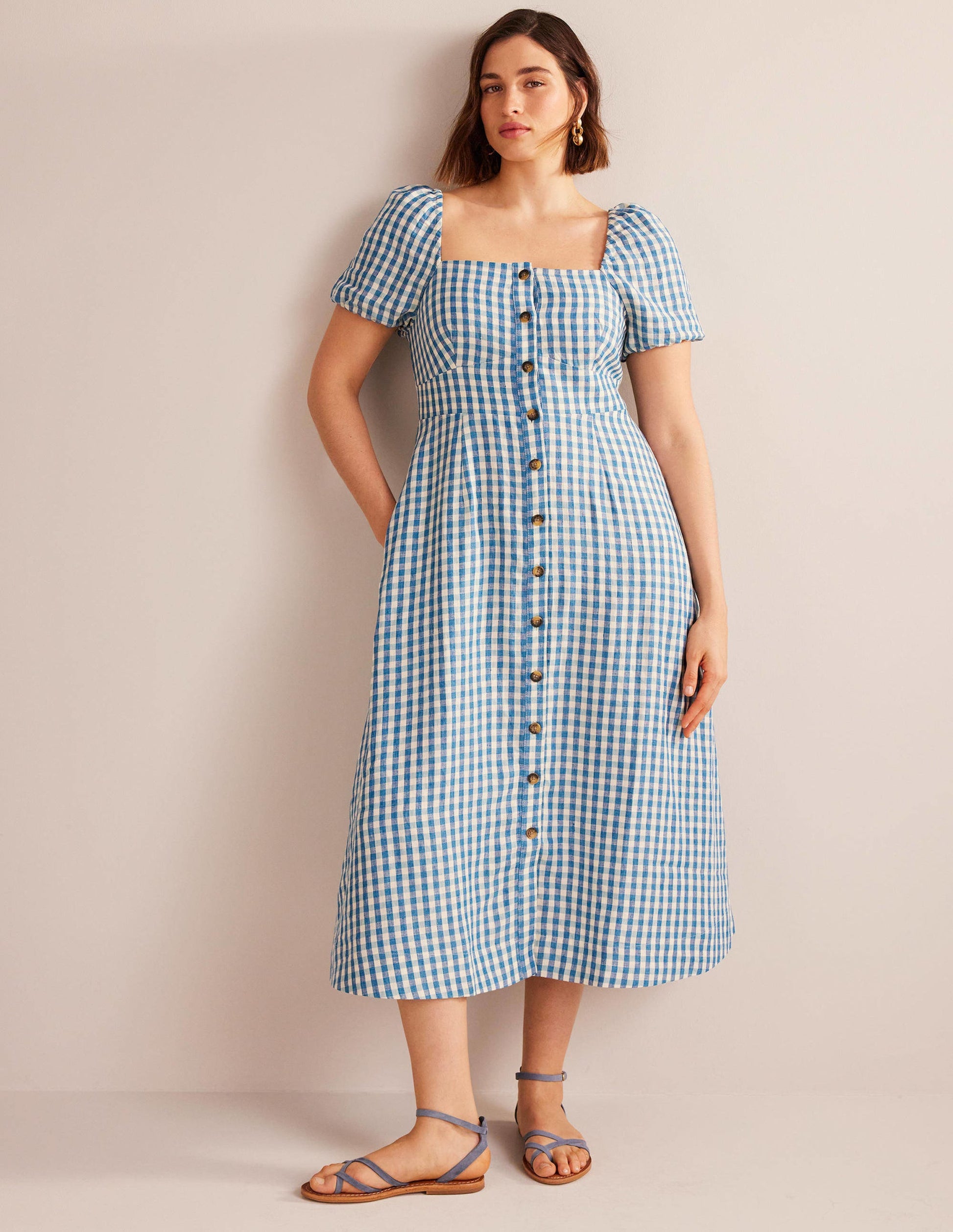 Robe midi en lin à col carré-Bleu pied-d’alouette, carreaux Vichy-5