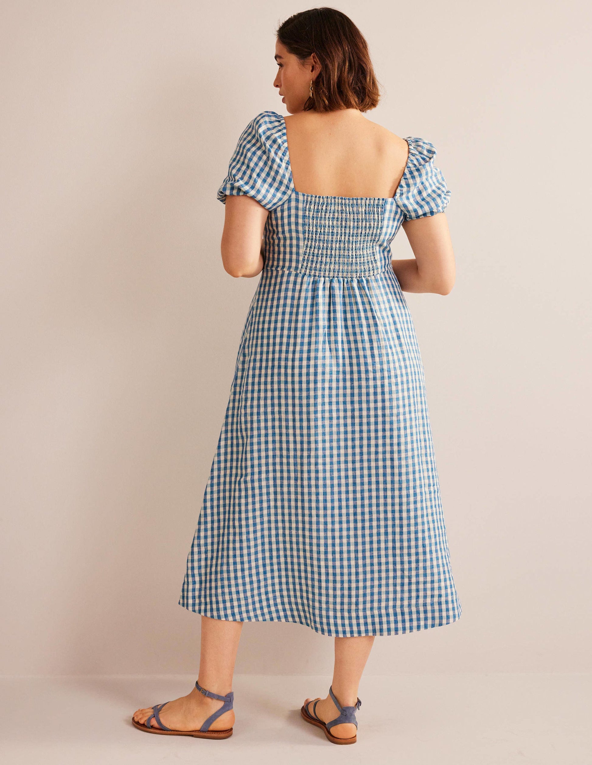 Robe midi en lin à col carré-Bleu pied-d’alouette, carreaux Vichy-6