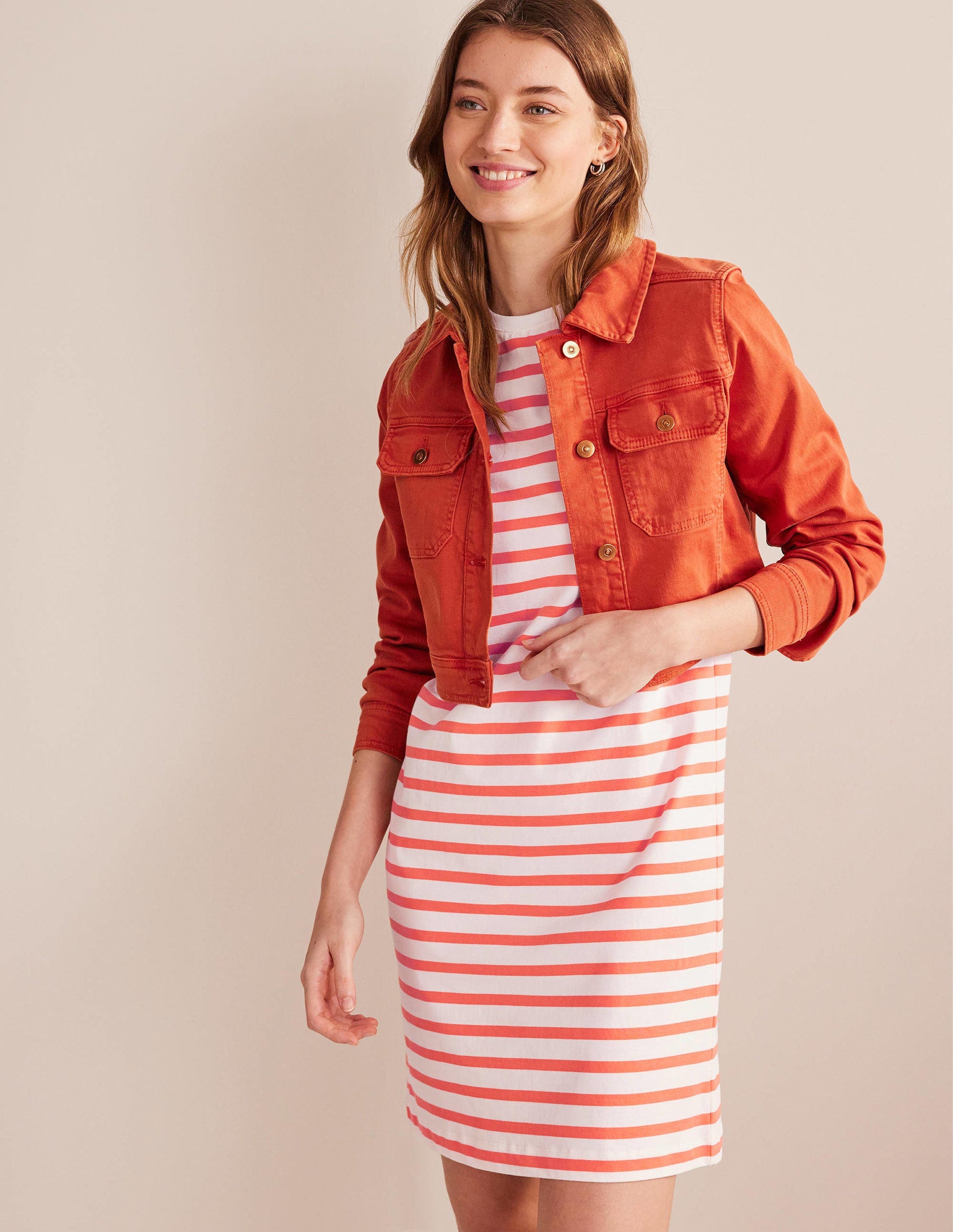 Mini-T-Shirt-Kleid aus Jersey-Naturweiß/Khaki, Gestreift-4