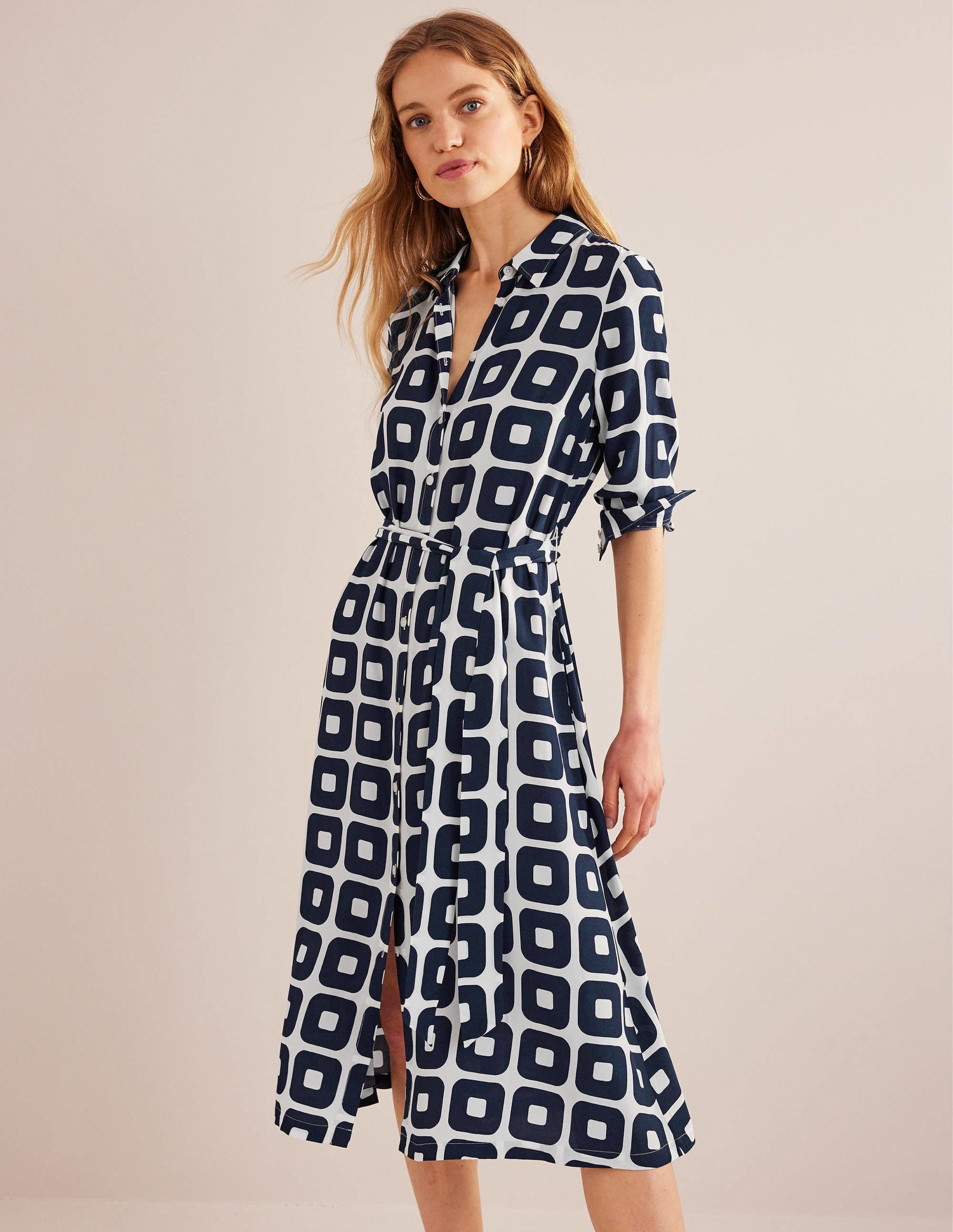 Robe-chemise midi imprimée-Bleu marine foncé, petit motif Cube - Image 1