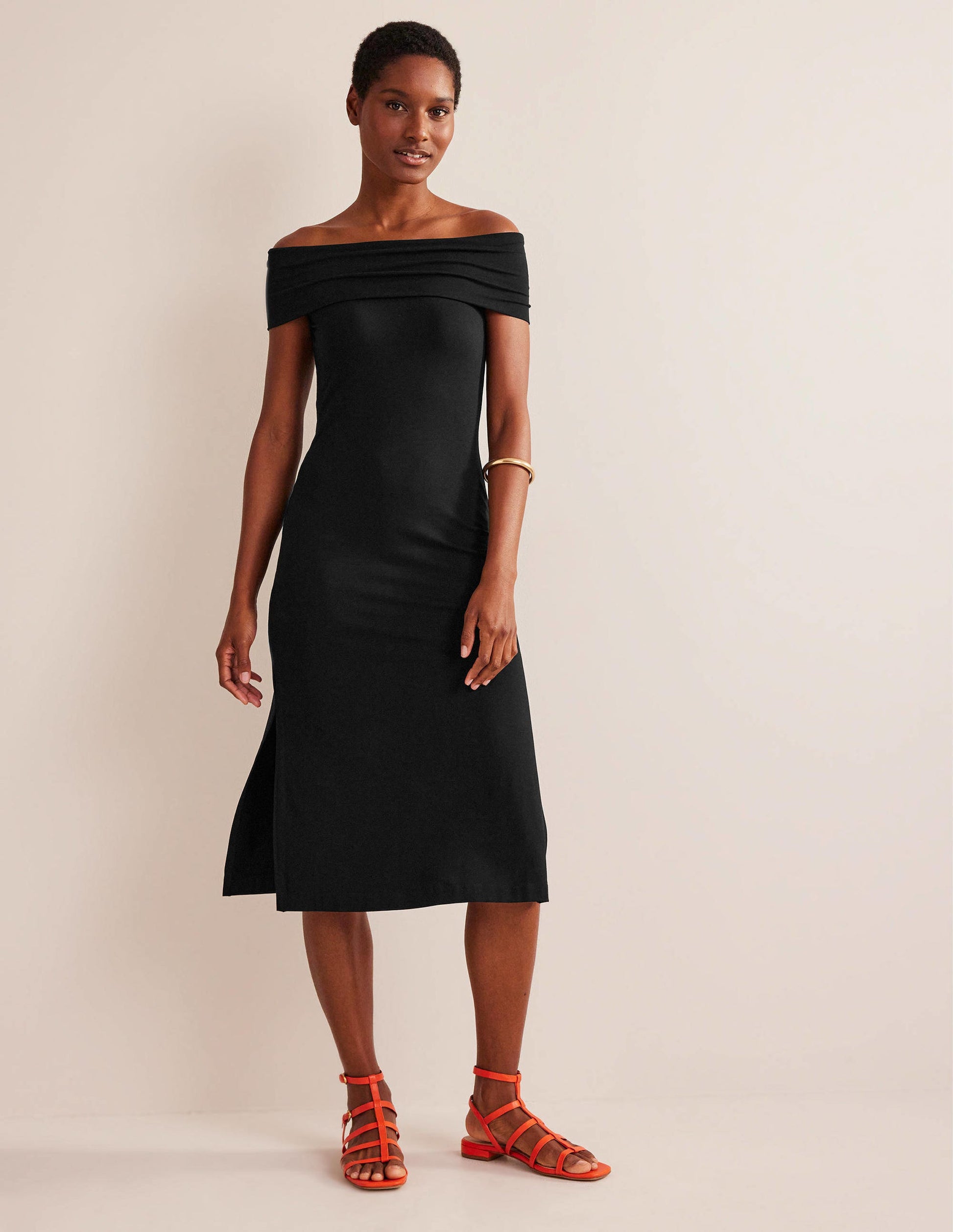 Schulterfreies Midikleid aus Jersey-Schwarz-1