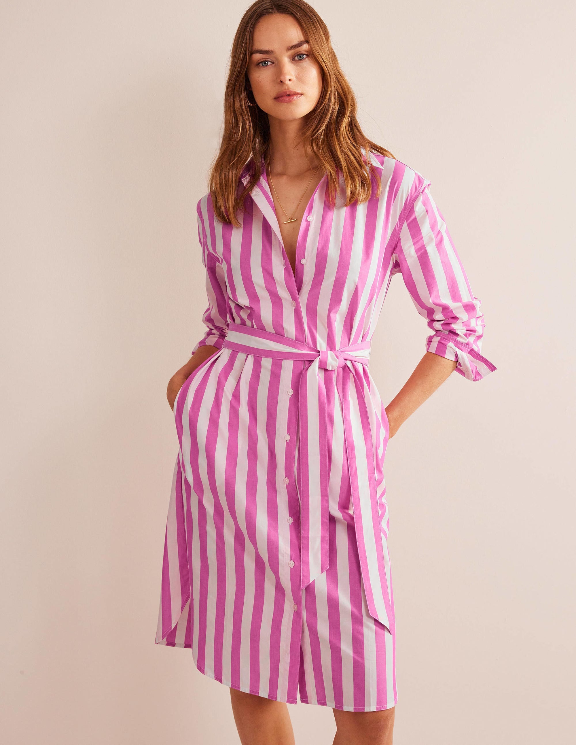Robe-chemise en coton décontractée-Rose phlox et ivoire - Image 1