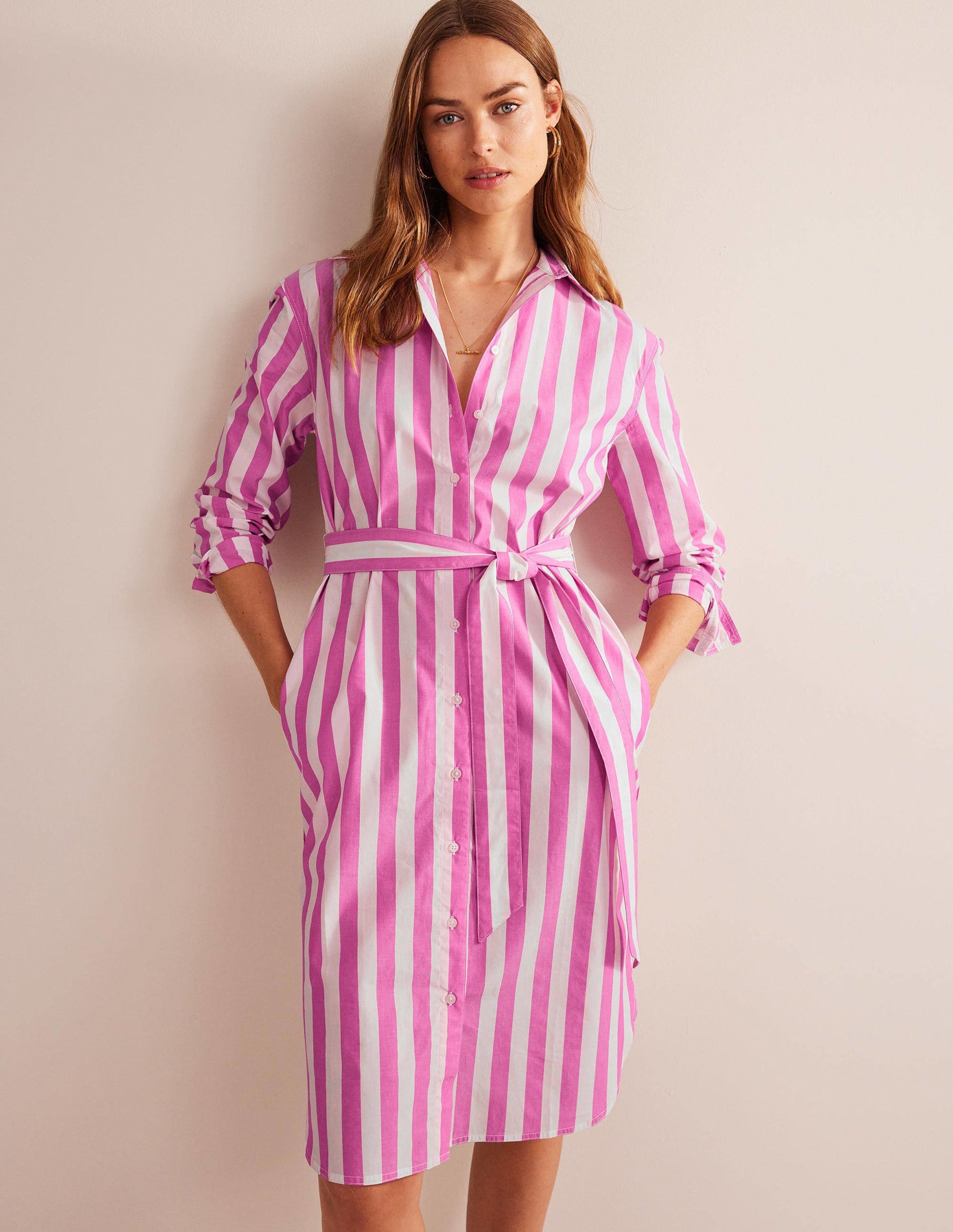 Robe-chemise en coton décontractée-Rose phlox et ivoire-4