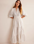 Robe longue recyclée en lin-Ivoire, motif Sweet Daisy