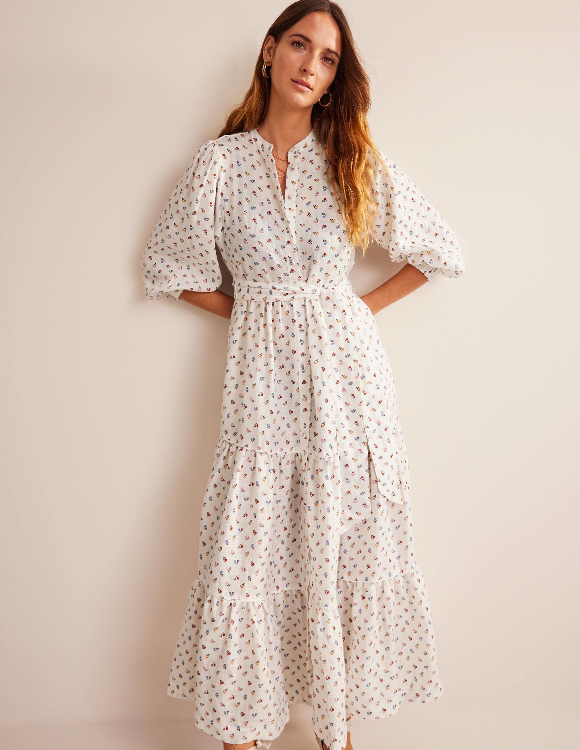 Robe longue recyclée en lin-Ivoire, motif Sweet Daisy - Image 1
