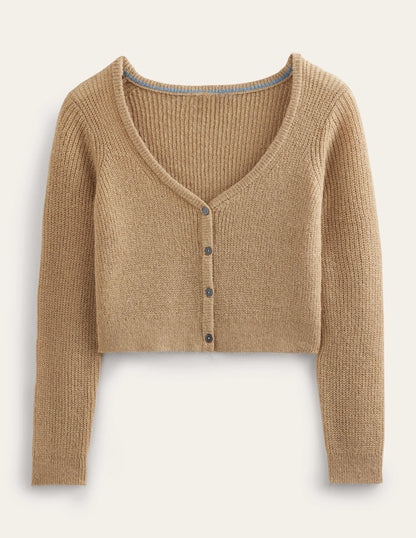 Flauschiger Cardigan mit kurzem Schnitt-Kamelbraun Melange, Glitzer-4