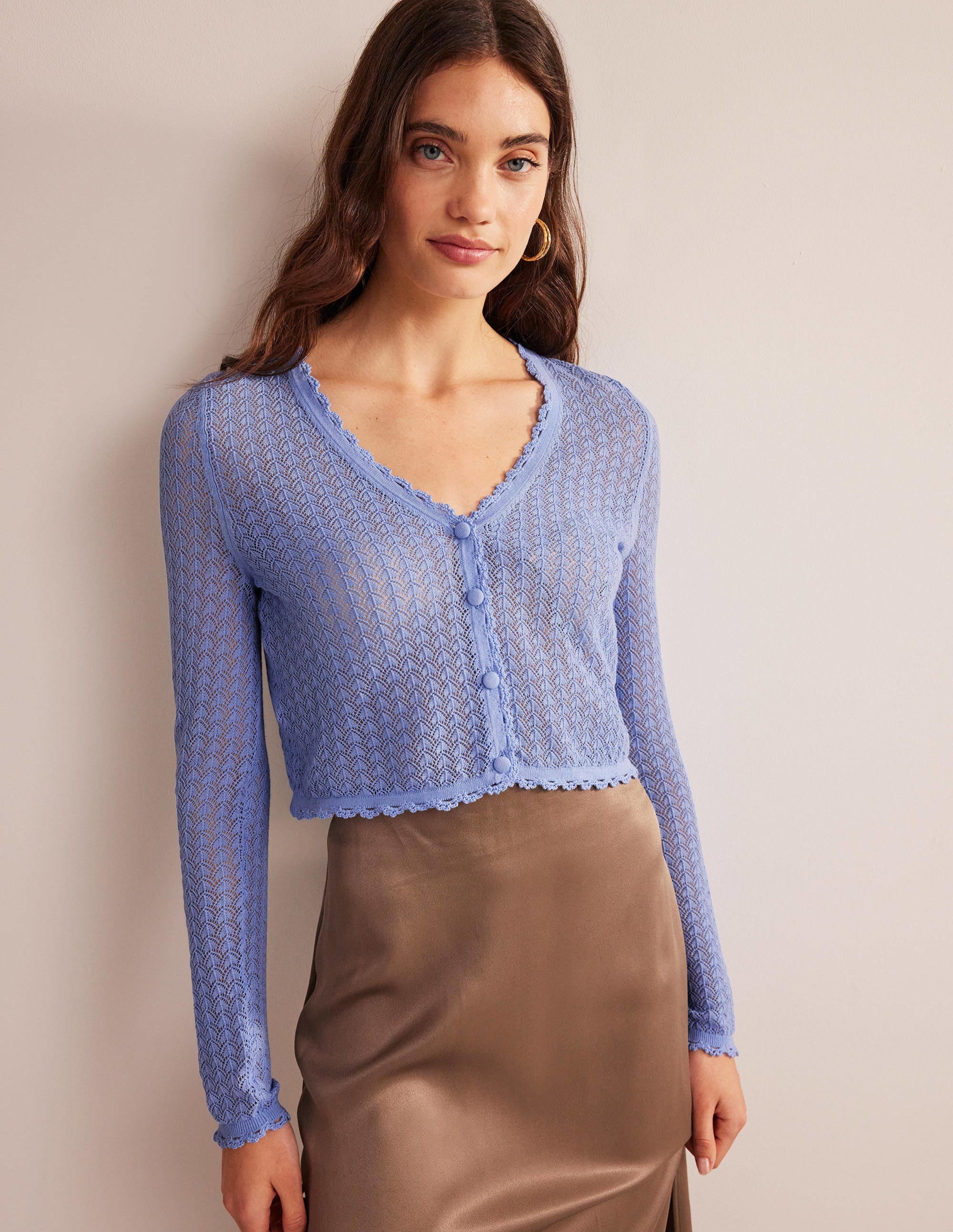 Pointelle Cropped Cardigan-Hazy Blue - Image 1