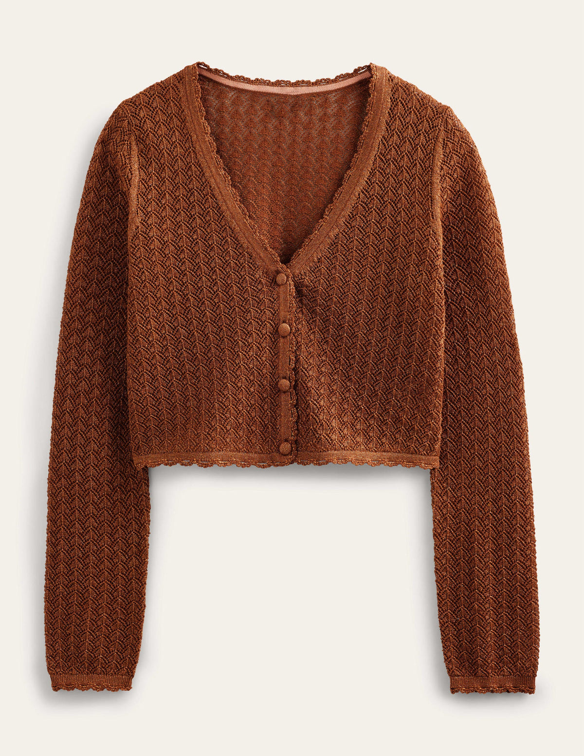 Kurzer Pointelle-Cardigan mit Goldgarn-Cognac-Bronze, Goldglitzer-6