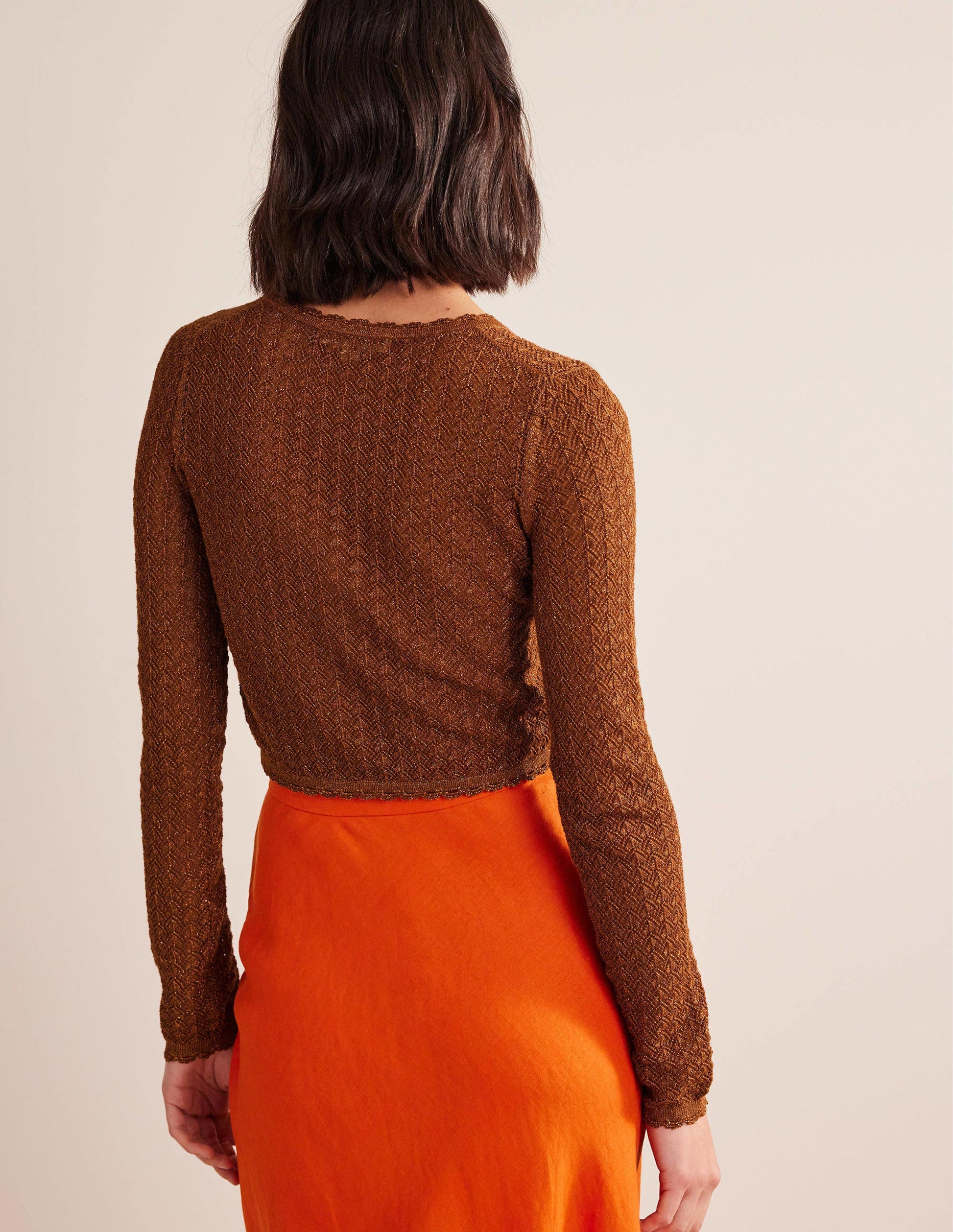 Kurzer Pointelle-Cardigan mit Goldgarn-Cognac-Bronze, Goldglitzer-3