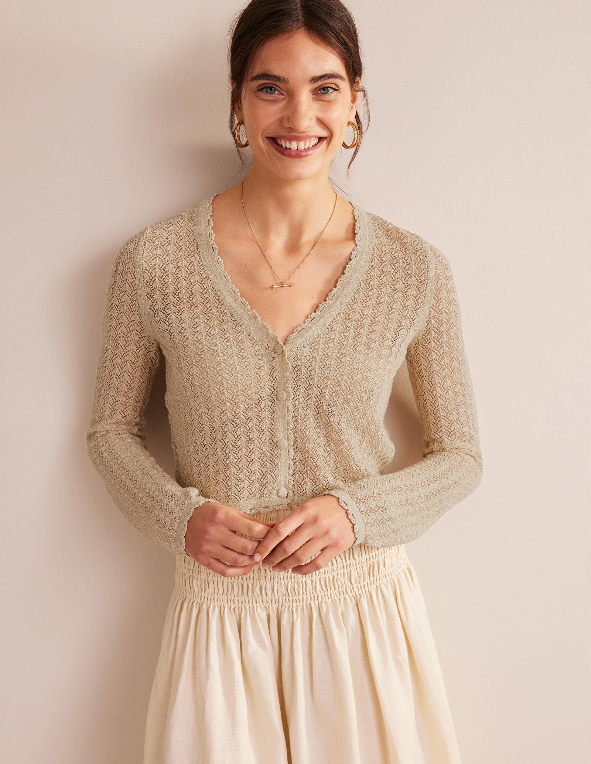 Kurzer Pointelle-Cardigan mit Goldgarn-Gold, Glitzer-1