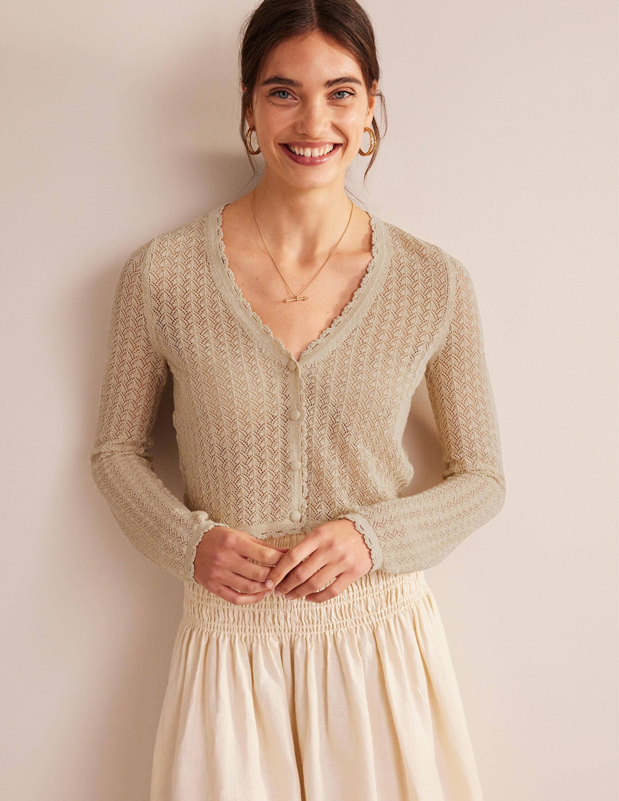 Kurzer Pointelle-Cardigan mit Goldgarn-Gold, Glitzer - Image 1