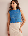 Cropped Fringe Crochet Tank-Porcelain Blue