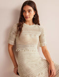 Cropped Fringe Crochet T-Shirt-Warm Ivory
