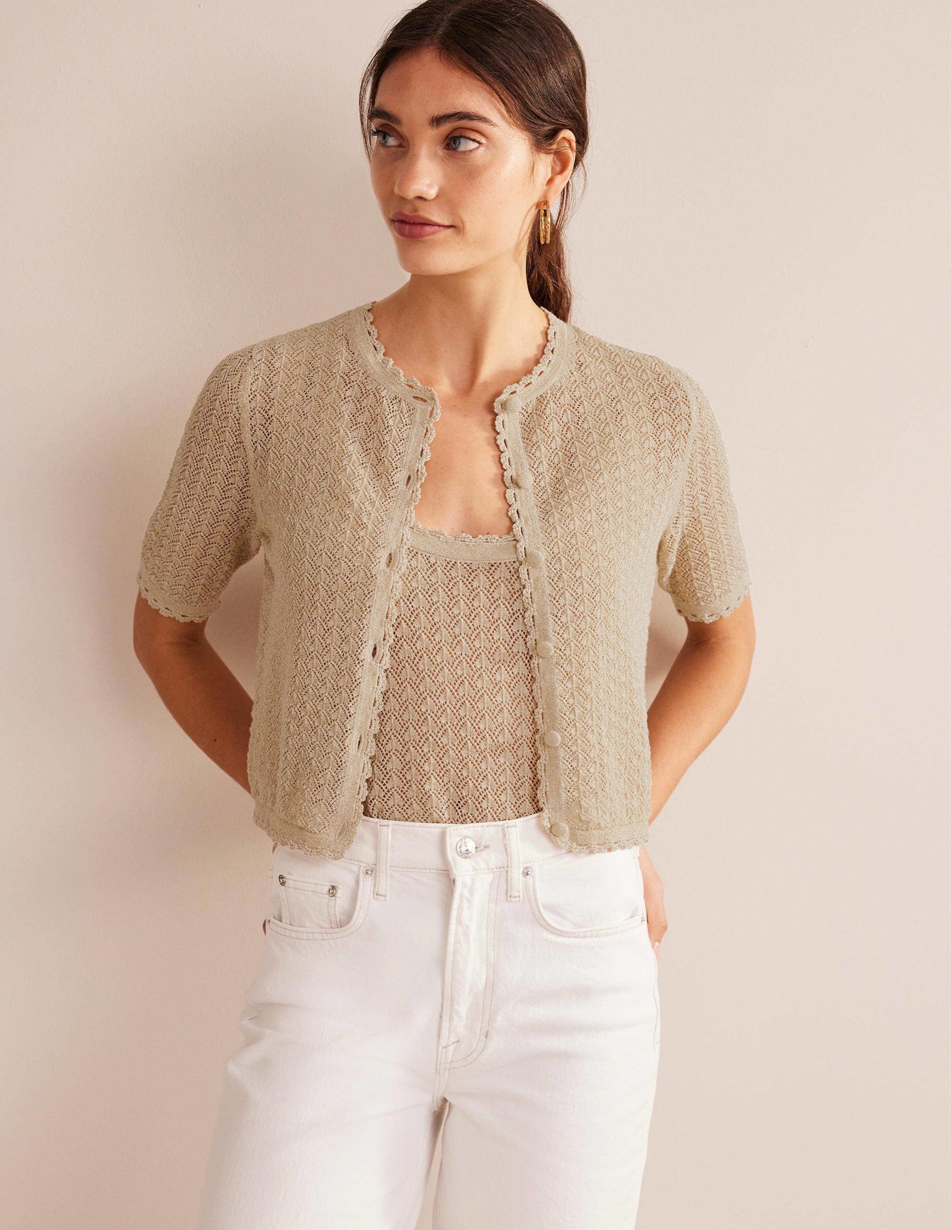 Kurz geschnittener Cardigan mit kurzen Ärmeln-Gold, Glitzer-4