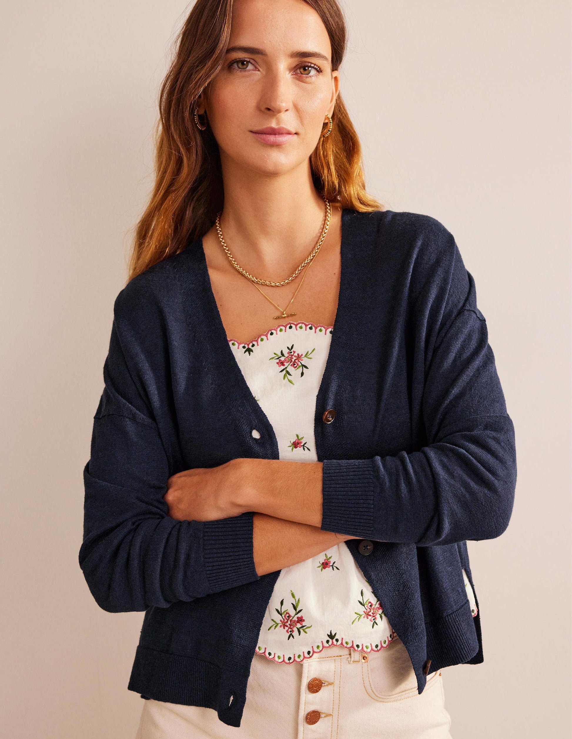 Cardigan en lin à emmanchures basses-Bleu marine-1