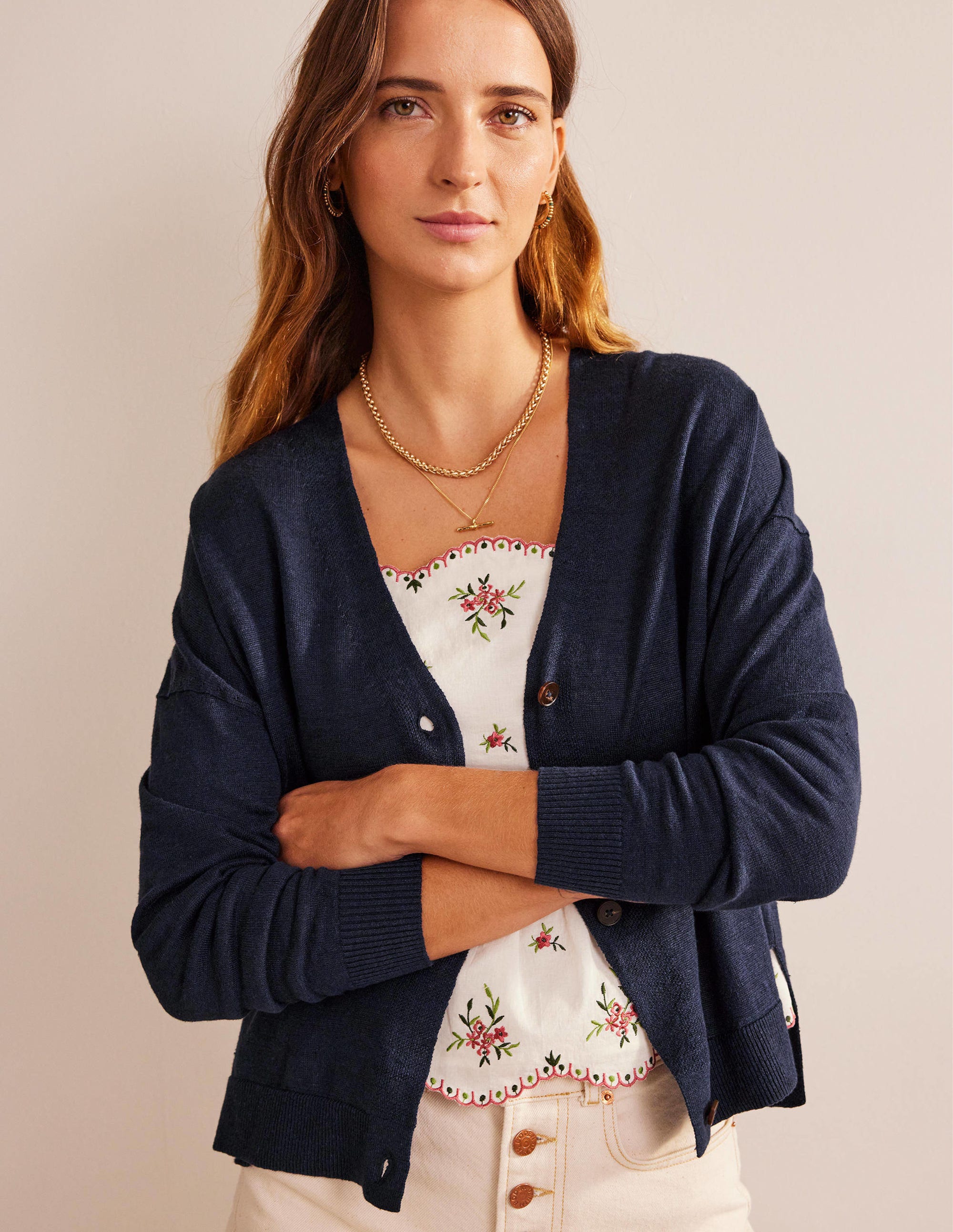 Cardigan en lin à emmanchures basses-Bleu marine - Image 1