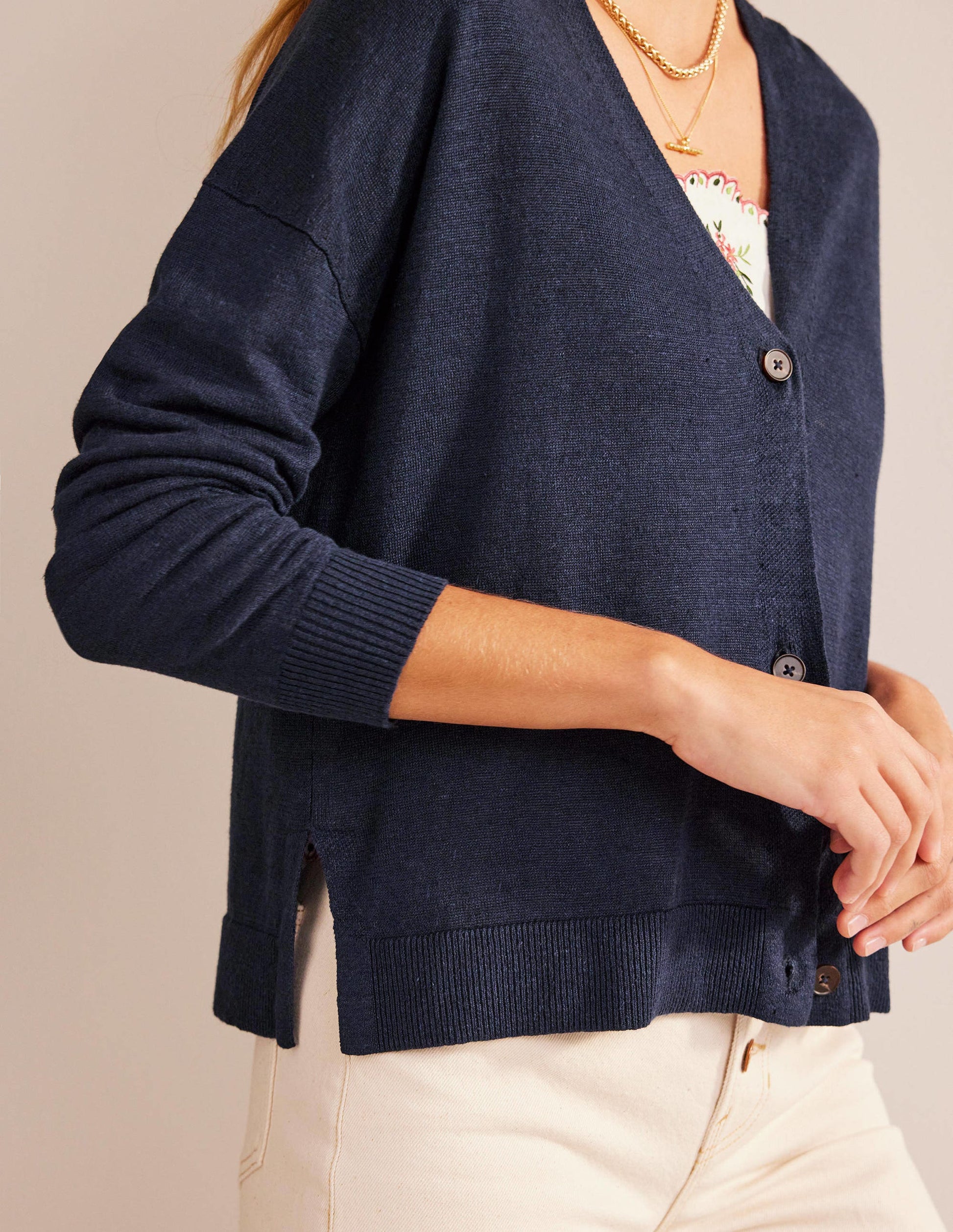 Cardigan en lin à emmanchures basses-Bleu marine-2