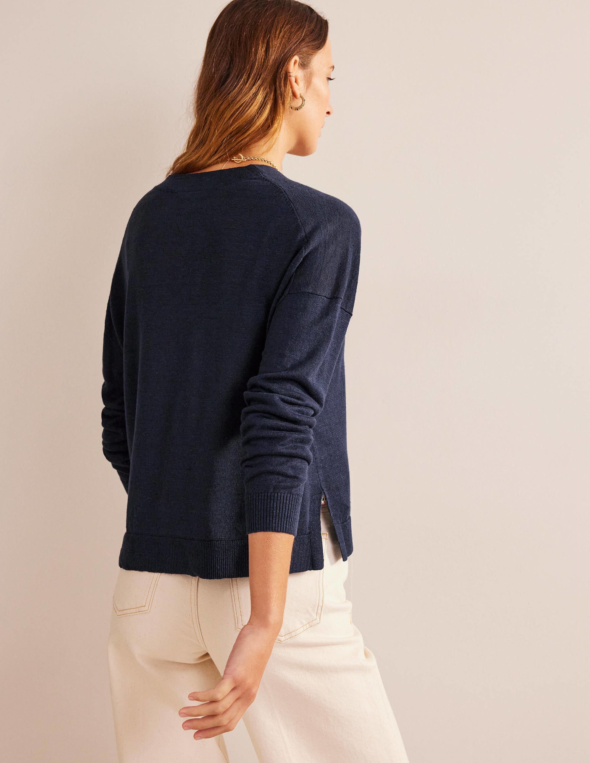 Cardigan en lin à emmanchures basses-Bleu marine - Image 3