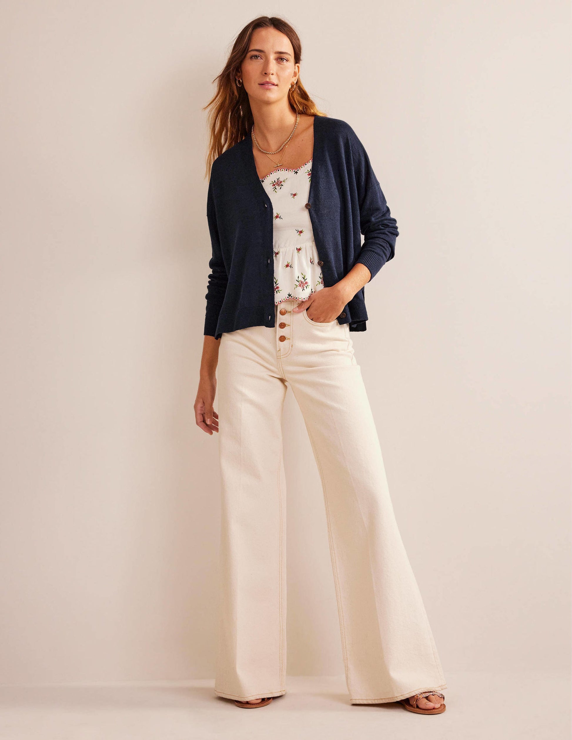 Cardigan en lin à emmanchures basses-Bleu marine-4