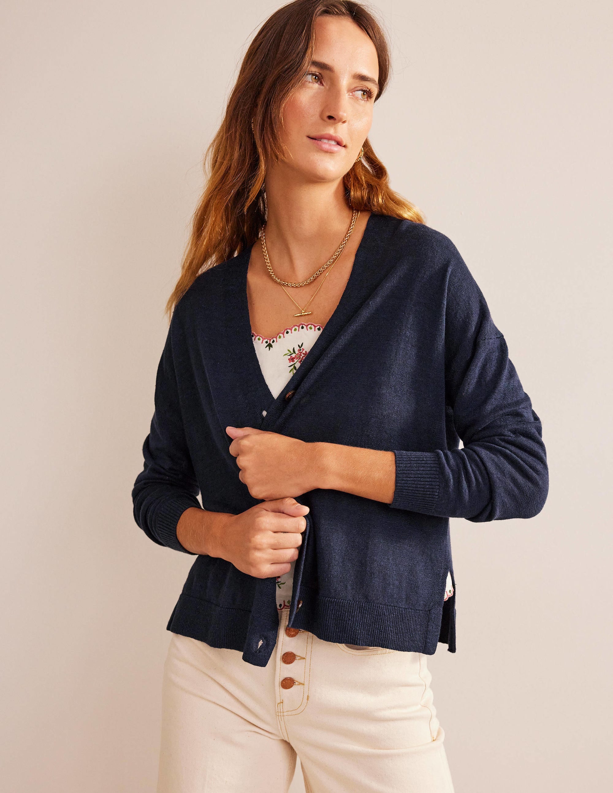 Cardigan en lin à emmanchures basses-Bleu marine - Image 5