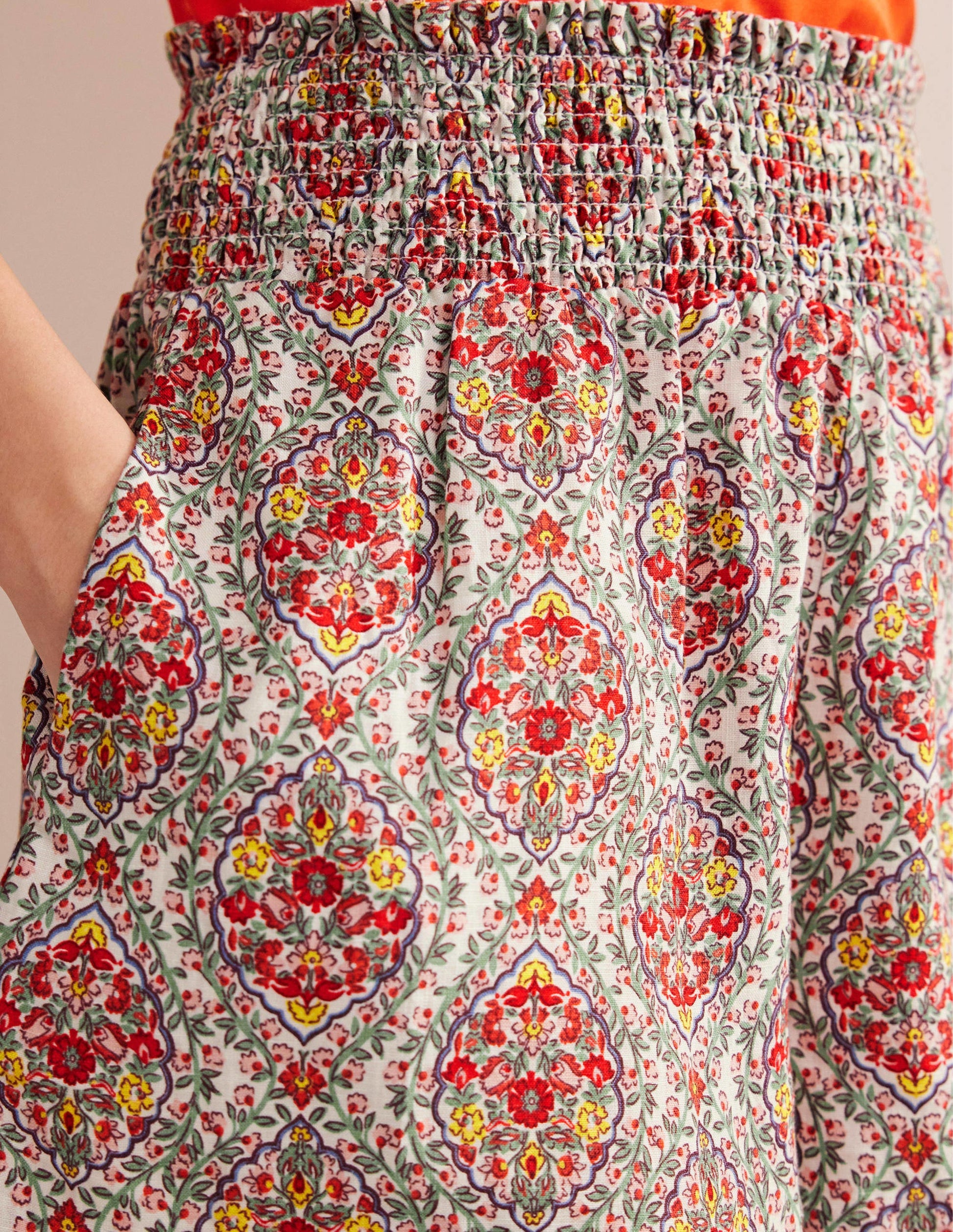 Short à taille froncée en lin-Multi, motif Vine Terrace-2