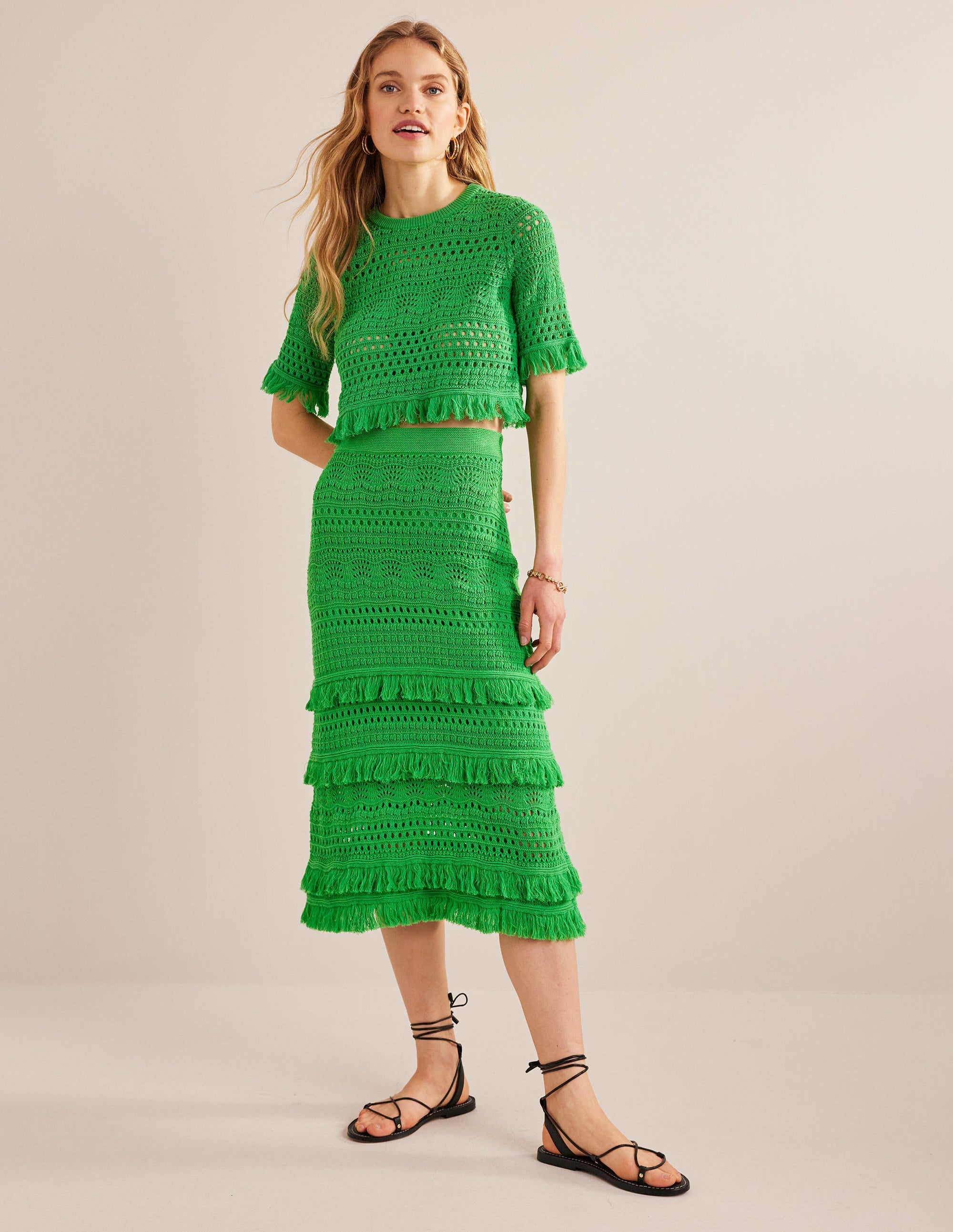 Fringe Crochet Knitted Skirt-Bright Green - Image 1