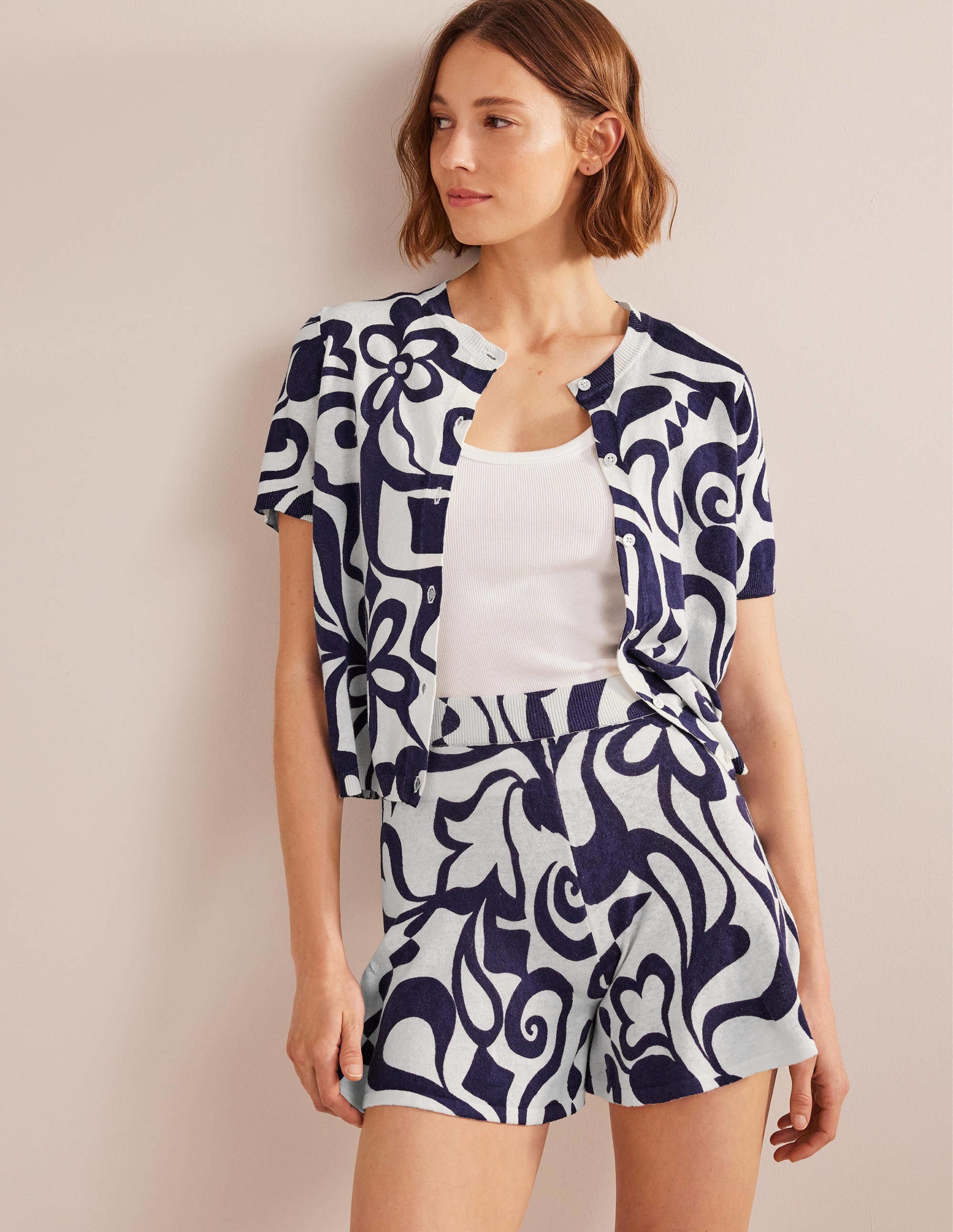 Short en maille-Encrier, motif Bloom Azure ivoire - Image 1