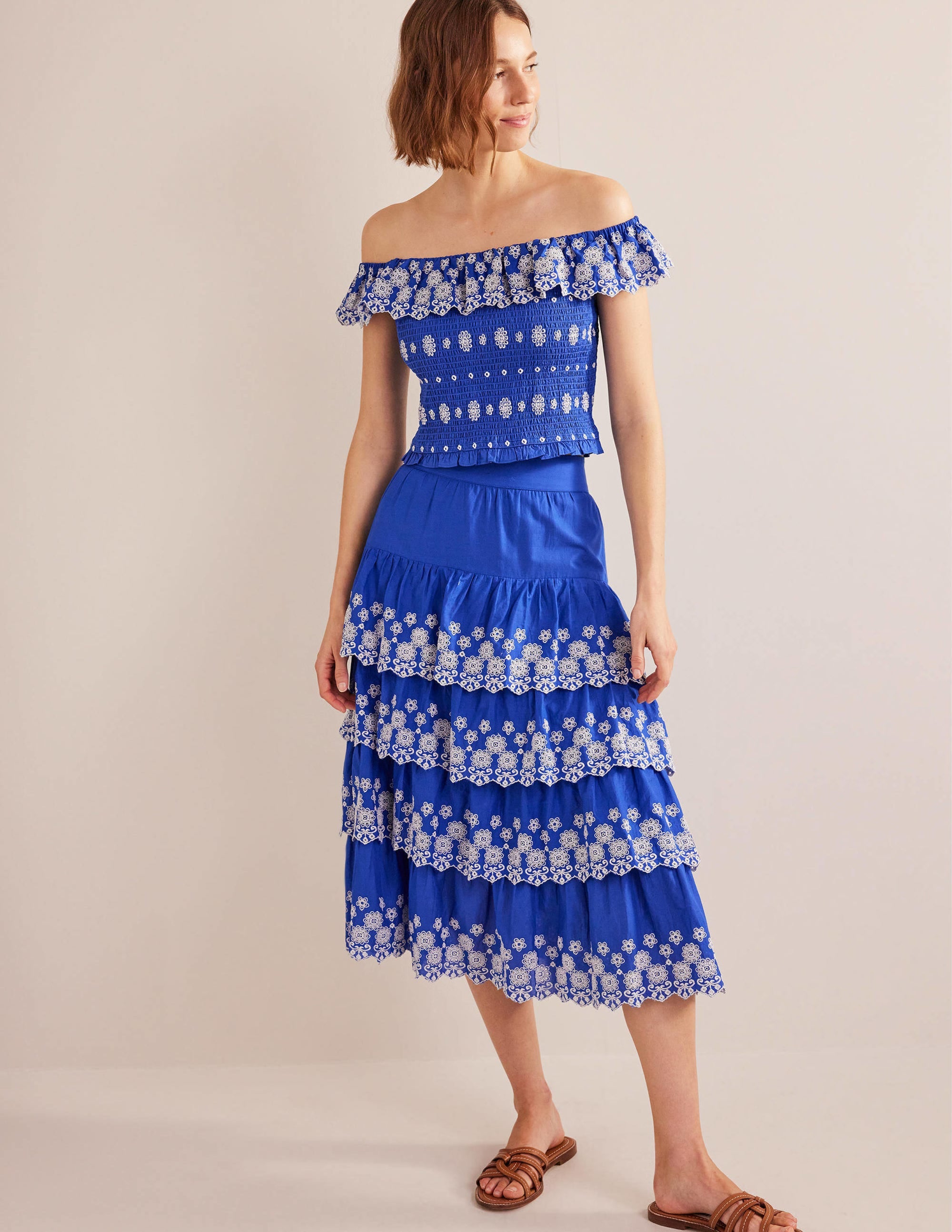 Jupe volantée avec broderie anglaise-Bleu des îles - Image 1