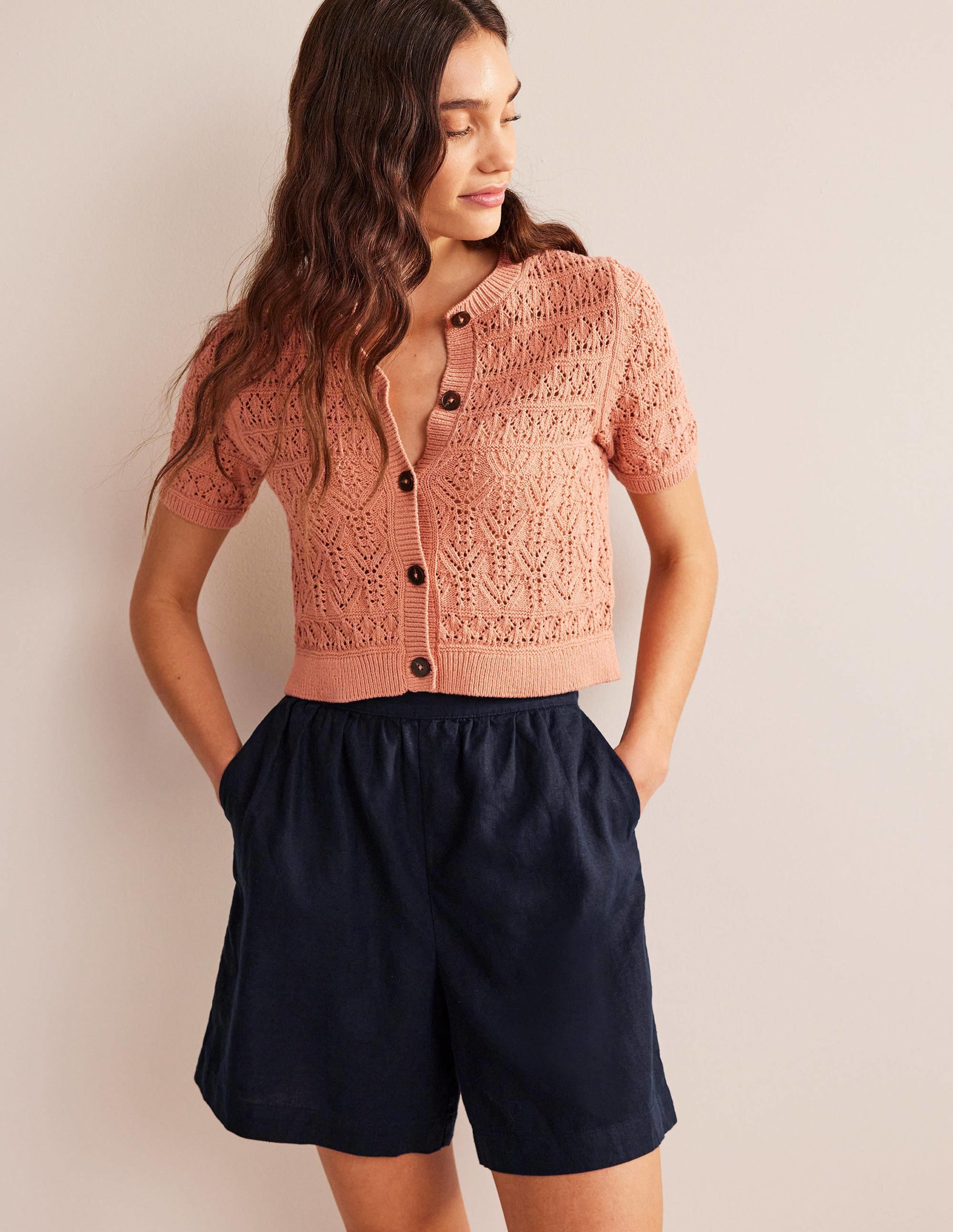Short en lin à enfiler-Bleu marine - Image 1