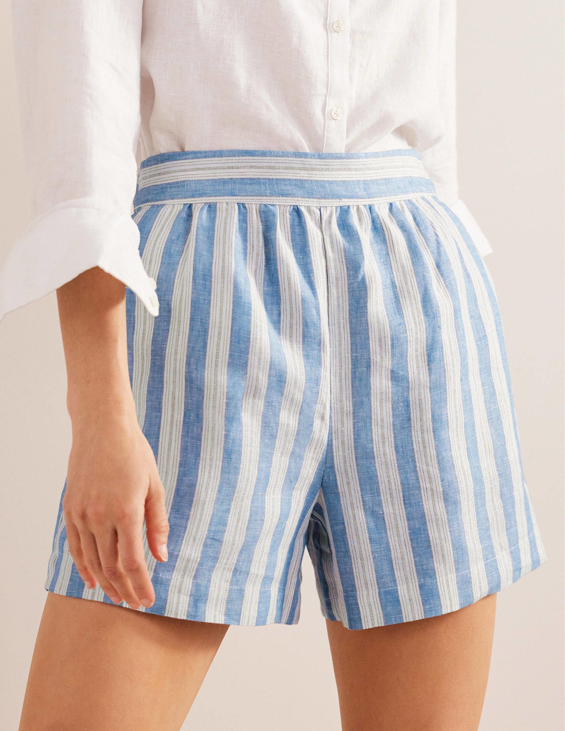 Leinenshorts zum Hineinschlüpfen-Porzellanblau, Glitzerstreifen-4