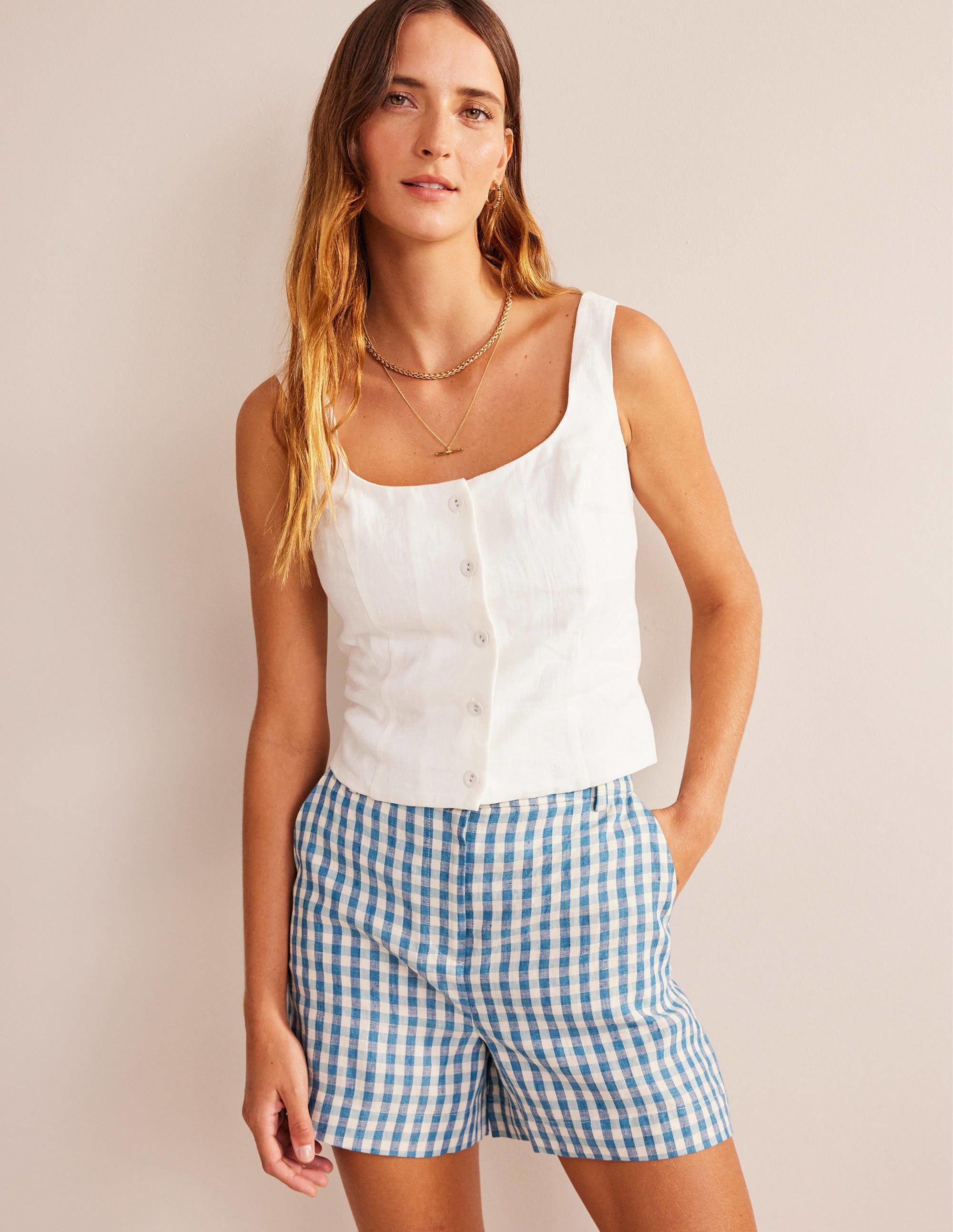 Tailored Linen Shorts-Blue Gingham - Image 1