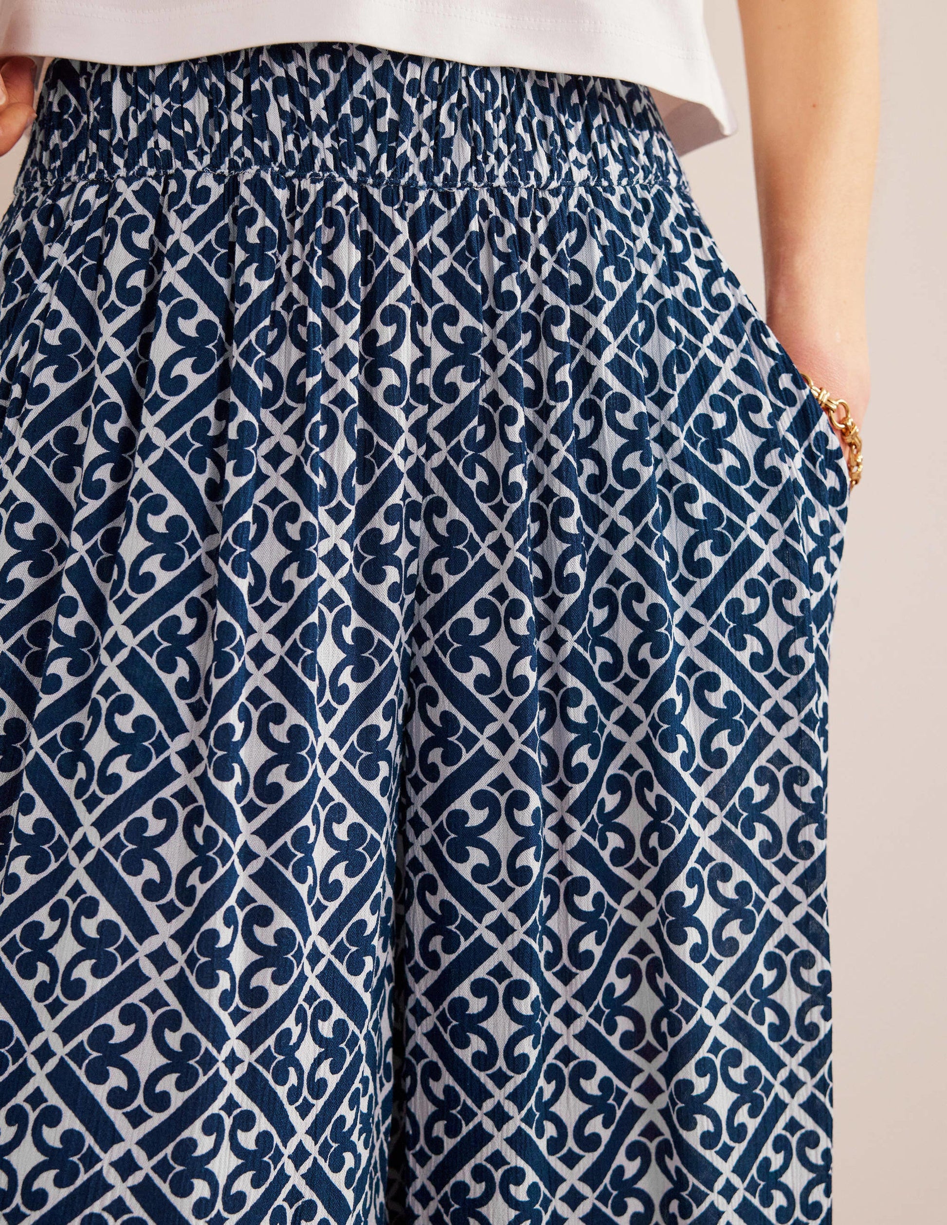 Urlaubshose mit weitem Bein-Berliner Blau, Geometrisches Muster-2
