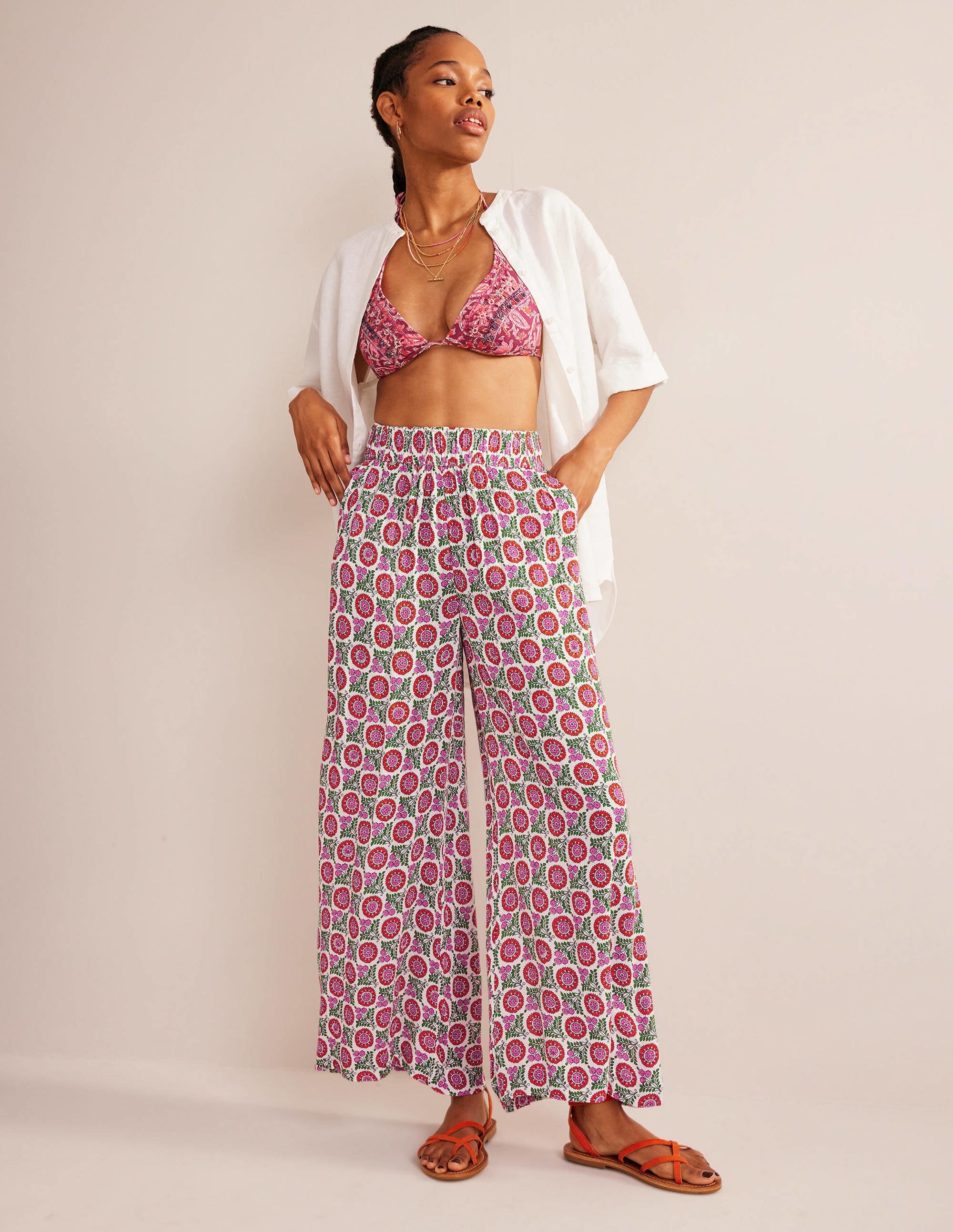 Crinkle Wide Leg Trousers-Gin Fizz, Sunflower Sprig - Image 1