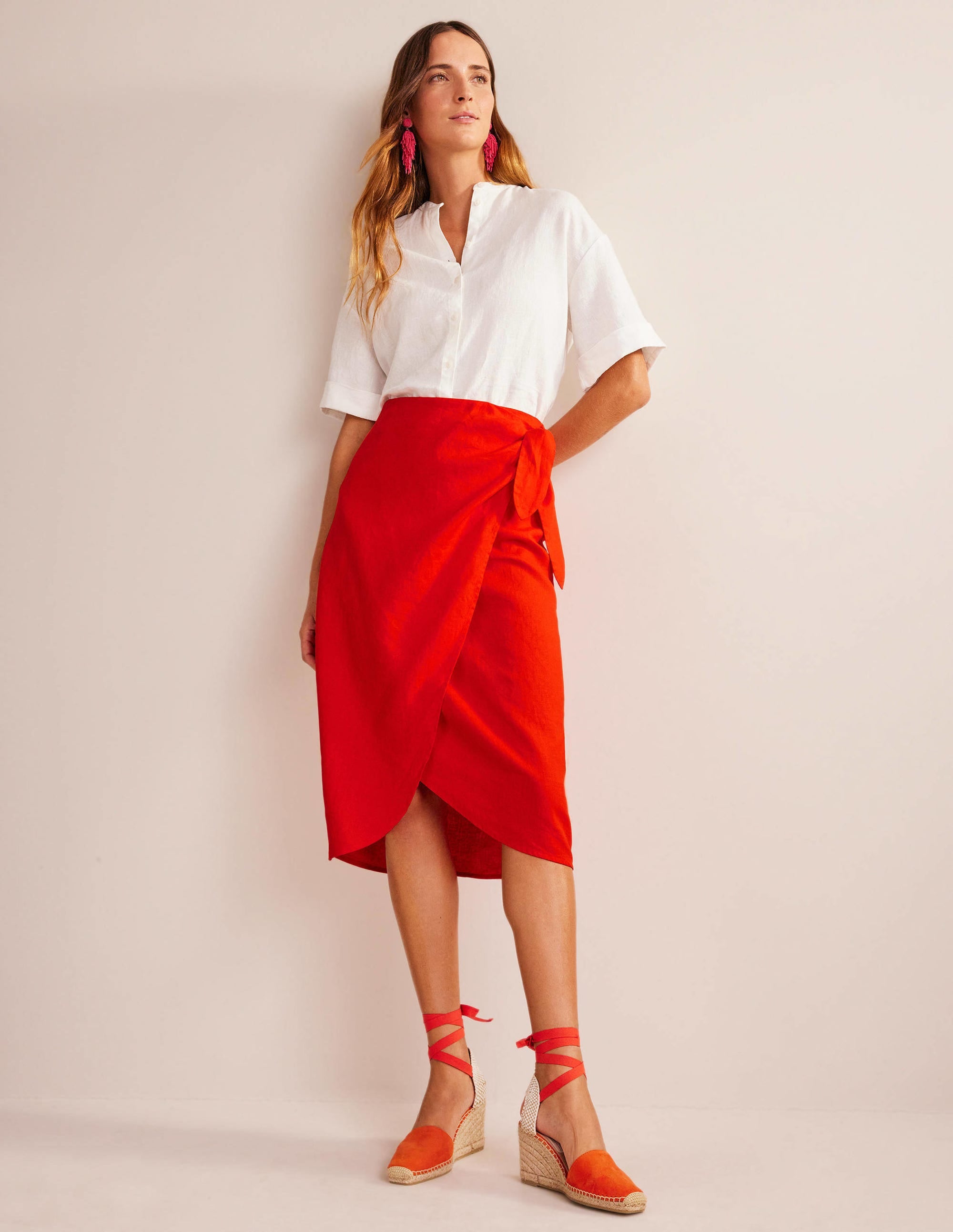 Wrap-Front Linen Midi Skirt-Orange Sunset - Image 1