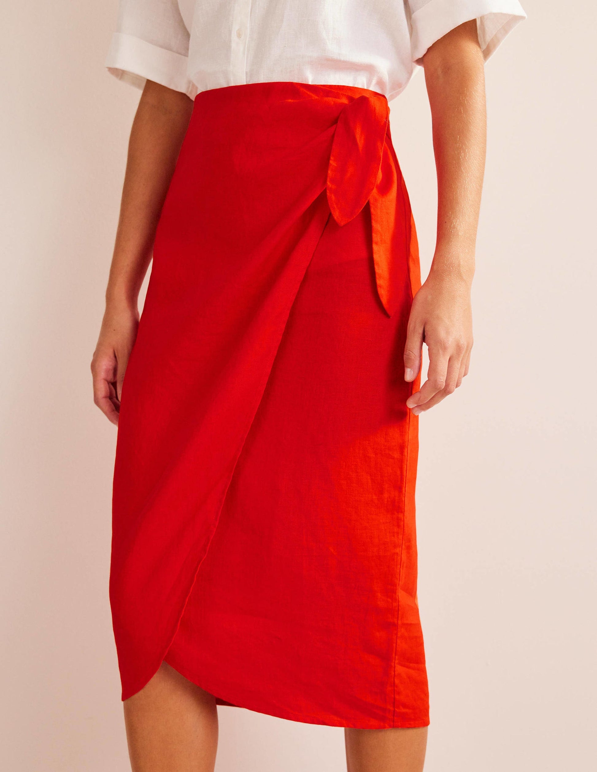 Wrap-Front Linen Midi Skirt-Orange Sunset-2
