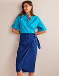 Wrap-Front Linen Midi Skirt-Sapphire