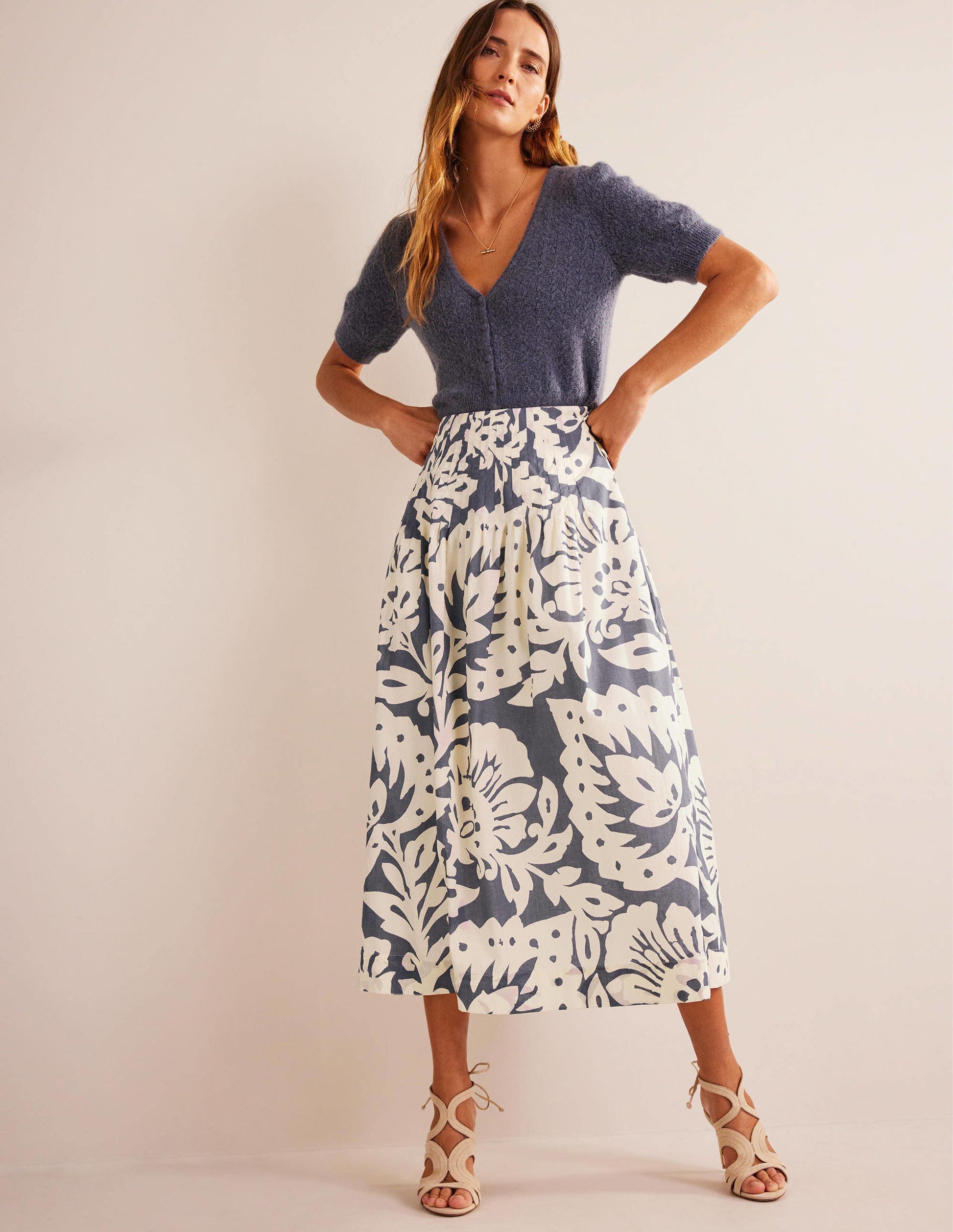 Pleated Cotton Midi Skirt-Sapphire, Oak Terrace-1