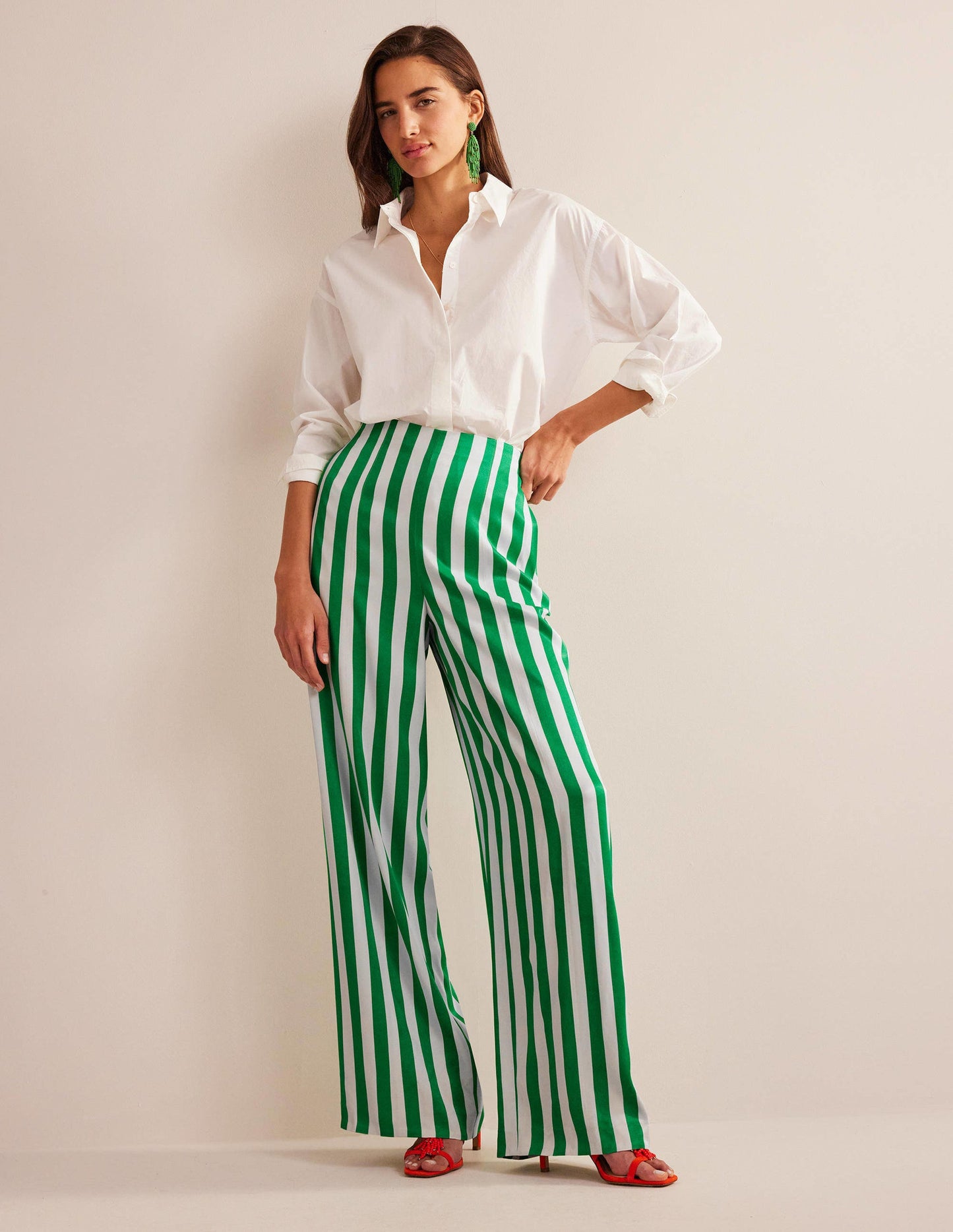 High-Waist Palazzo Trousers-Rich Emerald Stripe