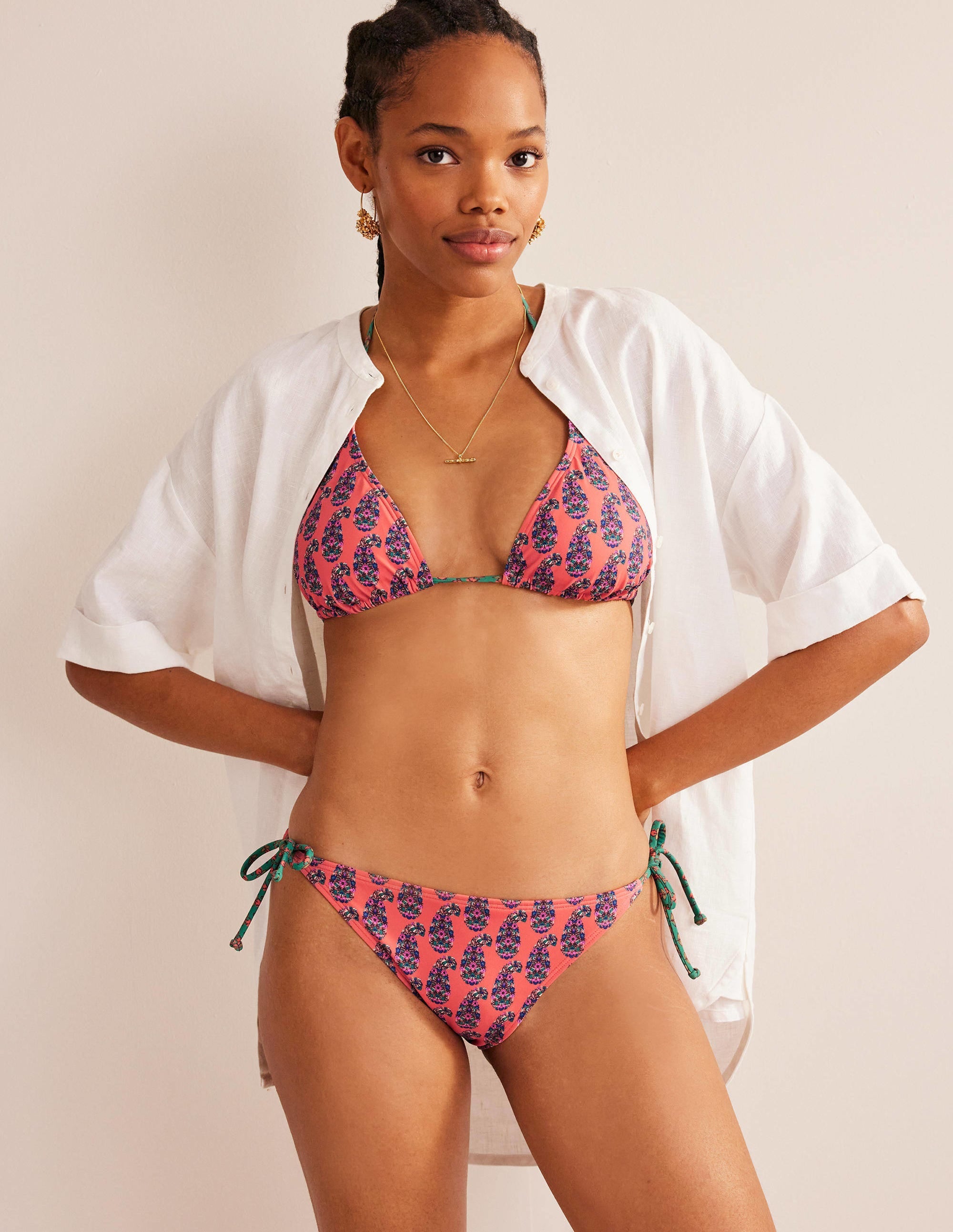 Bas de bikini Symi avec liens-Motif cachemire orange plaquemine - Image 1